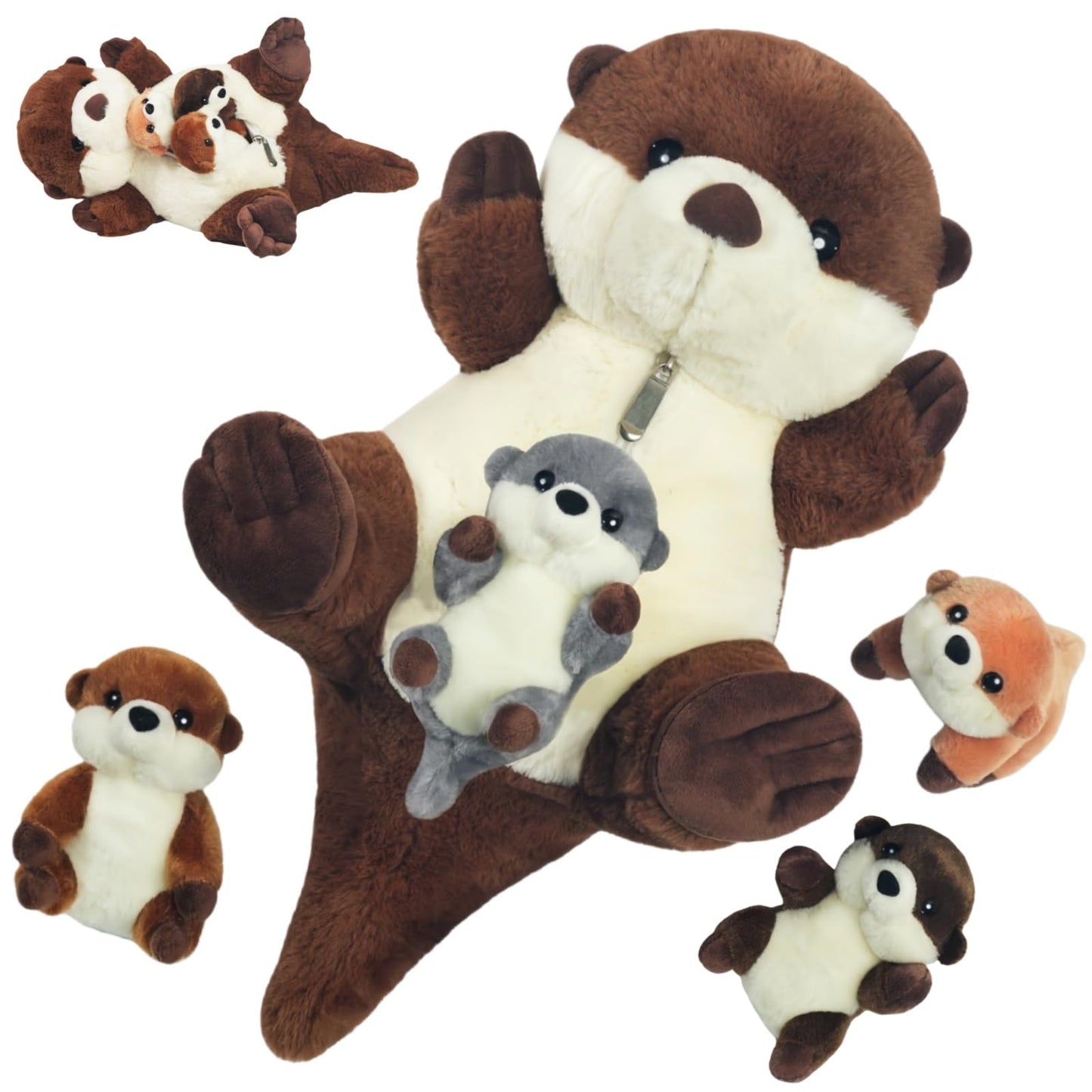 Youthfuljive Sea Otter Plush Set – 5 Pcs with Zipper Pouch (Mommy + 4 Babies)