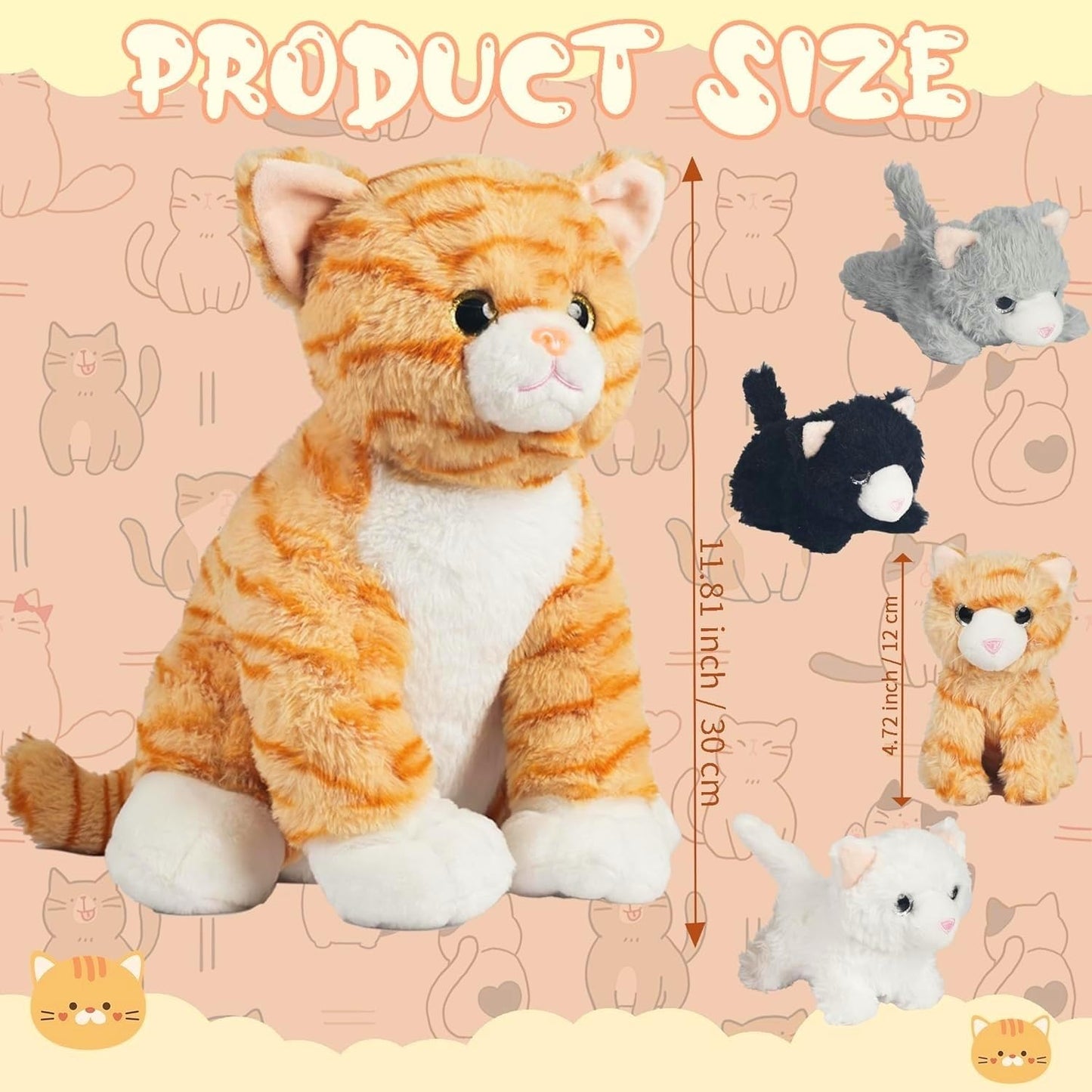 Youthfuljive 5-Piece Mommy Cat Plush with 4 Baby Kittens – Orange Tabby Toy