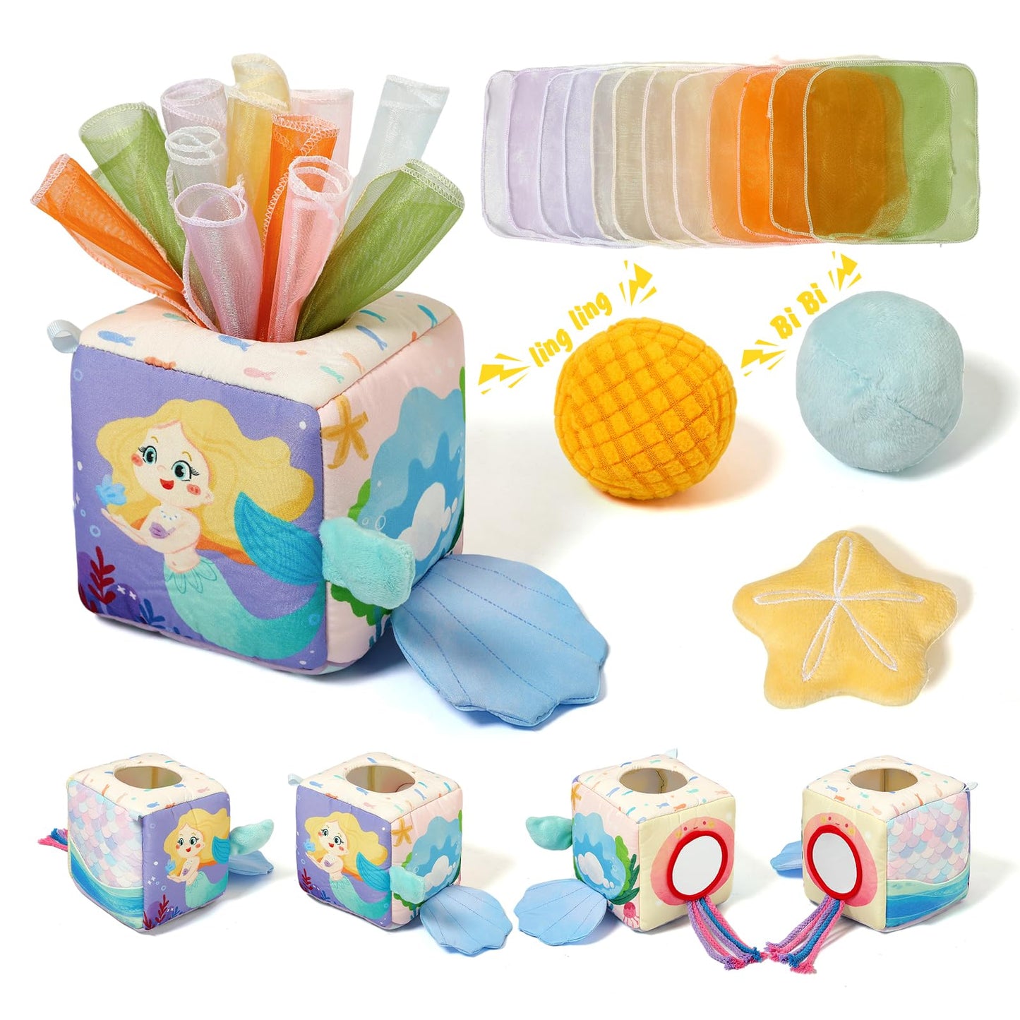 Youuys Mermaid Tissue Box Toy for Babies 6–12 Months | Montessori Sensory Busy Cube