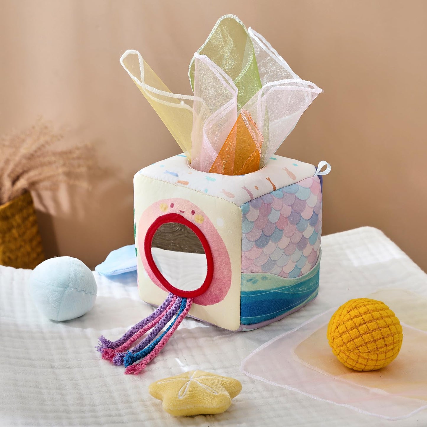Youuys Mermaid Tissue Box Toy for Babies 6–12 Months | Montessori Sensory Busy Cube