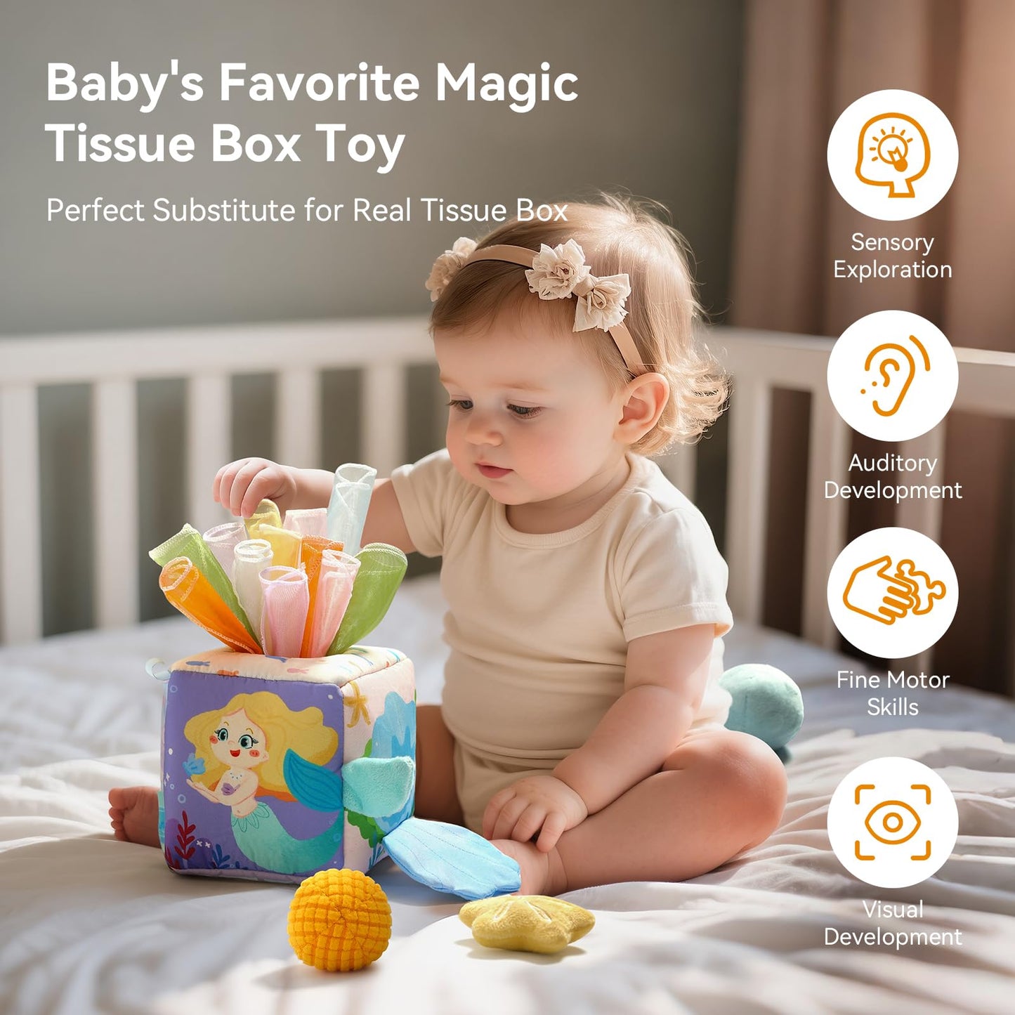 Youuys Mermaid Tissue Box Toy for Babies 6–12 Months | Montessori Sensory Busy Cube