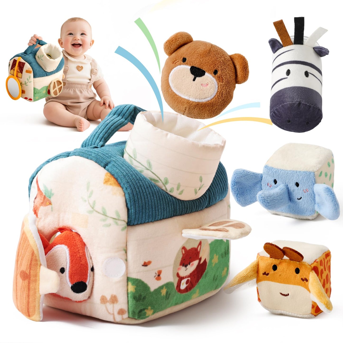Youuys Travel Sensory Toys for Babies & Toddlers | On-The-Go Montessori Soft Stuffed Animal Set