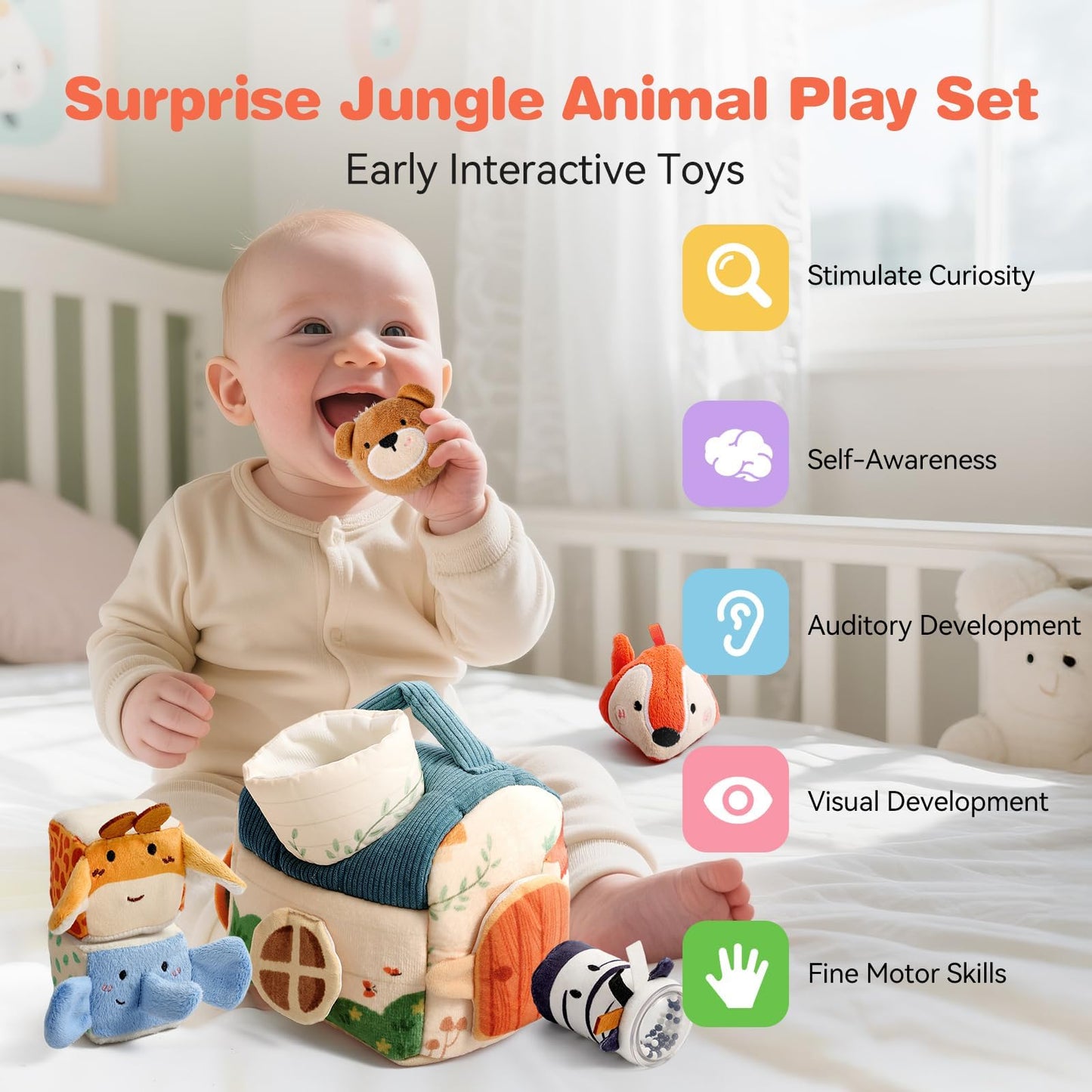 Youuys Travel Sensory Toys for Babies & Toddlers | On-The-Go Montessori Soft Stuffed Animal Set