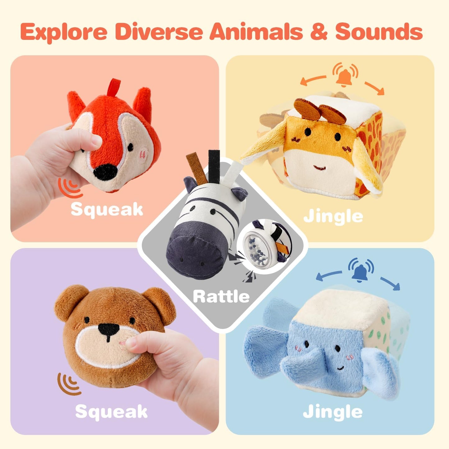Youuys Travel Sensory Toys for Babies & Toddlers | On-The-Go Montessori Soft Stuffed Animal Set