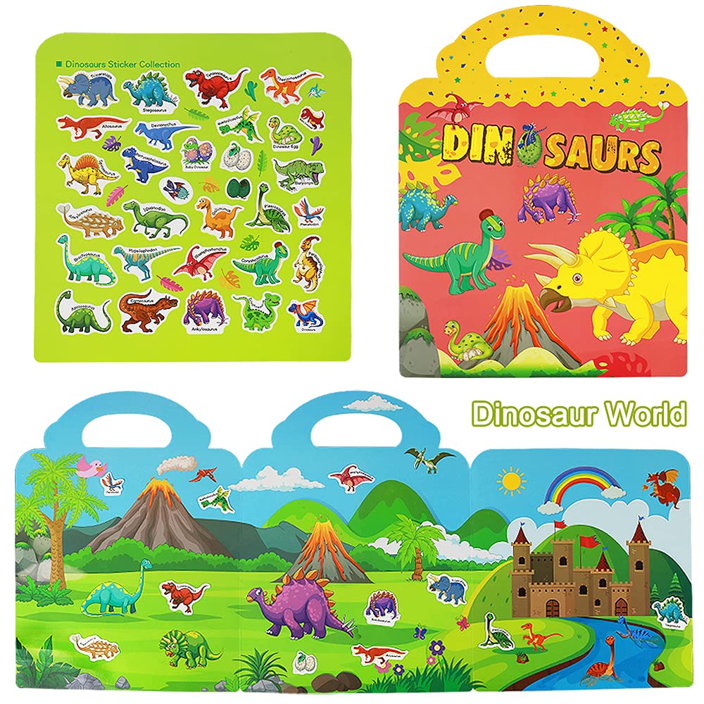 Yowlieu Reusable Sticker Books for Kids | 3 Travel Sets (Zoo, Ocean & Dinosaur) Ages 3-5