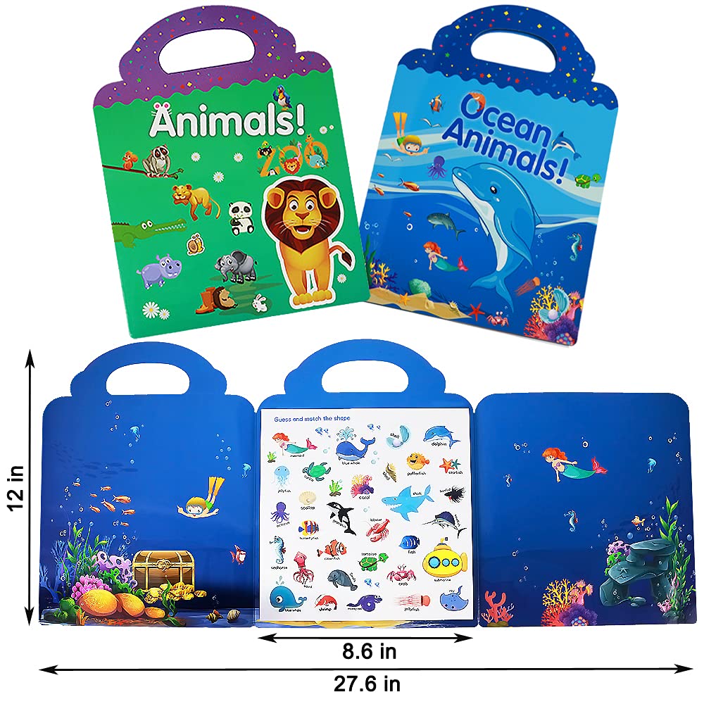 Yowlieu Reusable Sticker Books for Kids – Ocean & Zoo Animals (2-Pack Travel Set)