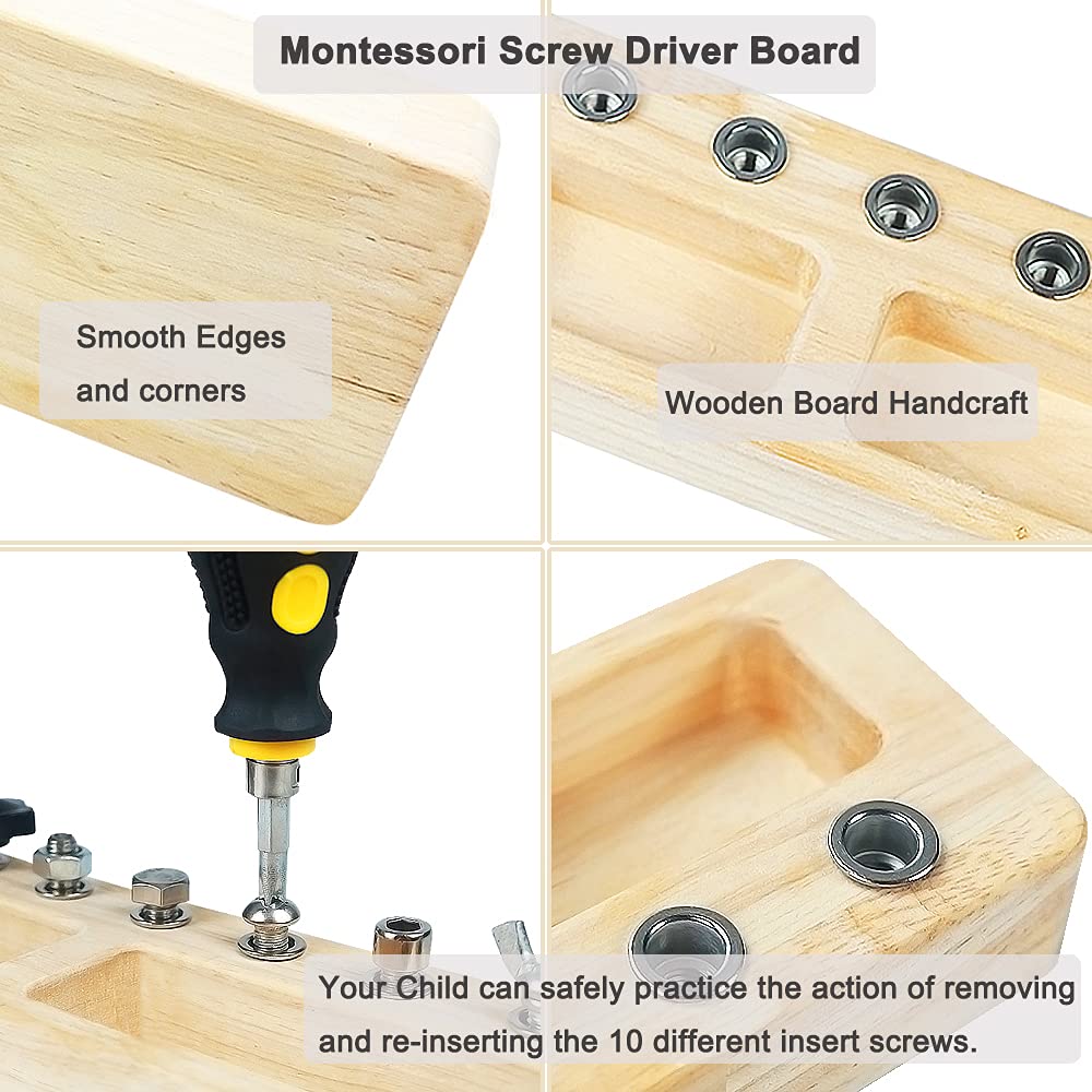 Yowlieu 14-Pcs Kids Montessori Screwdriver Board – Wooden Educational Toy for 3-5 Year Olds