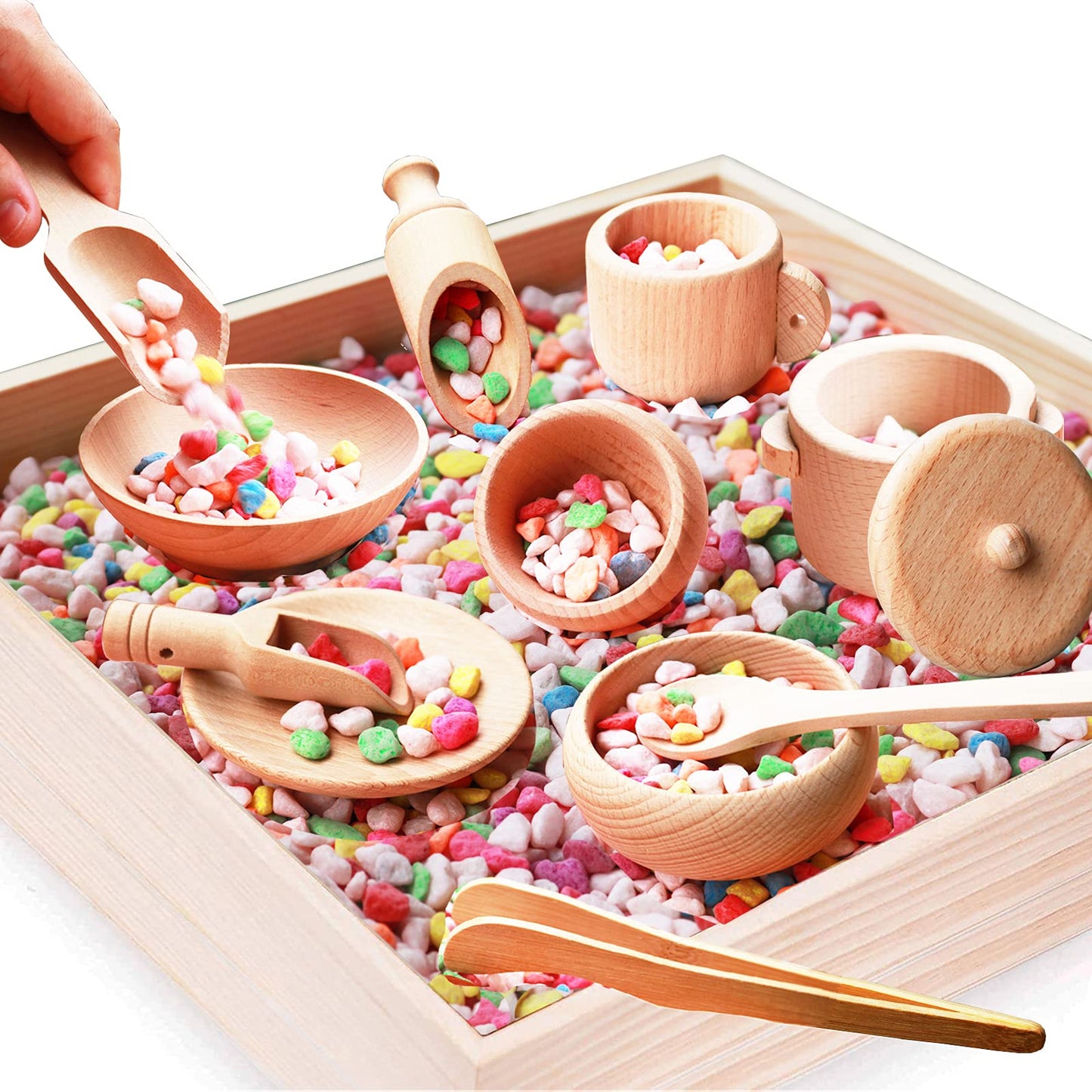 Yowlieu Montessori Sensory Bin Tools: 1 Wooden Box + 11 Wooden Toys