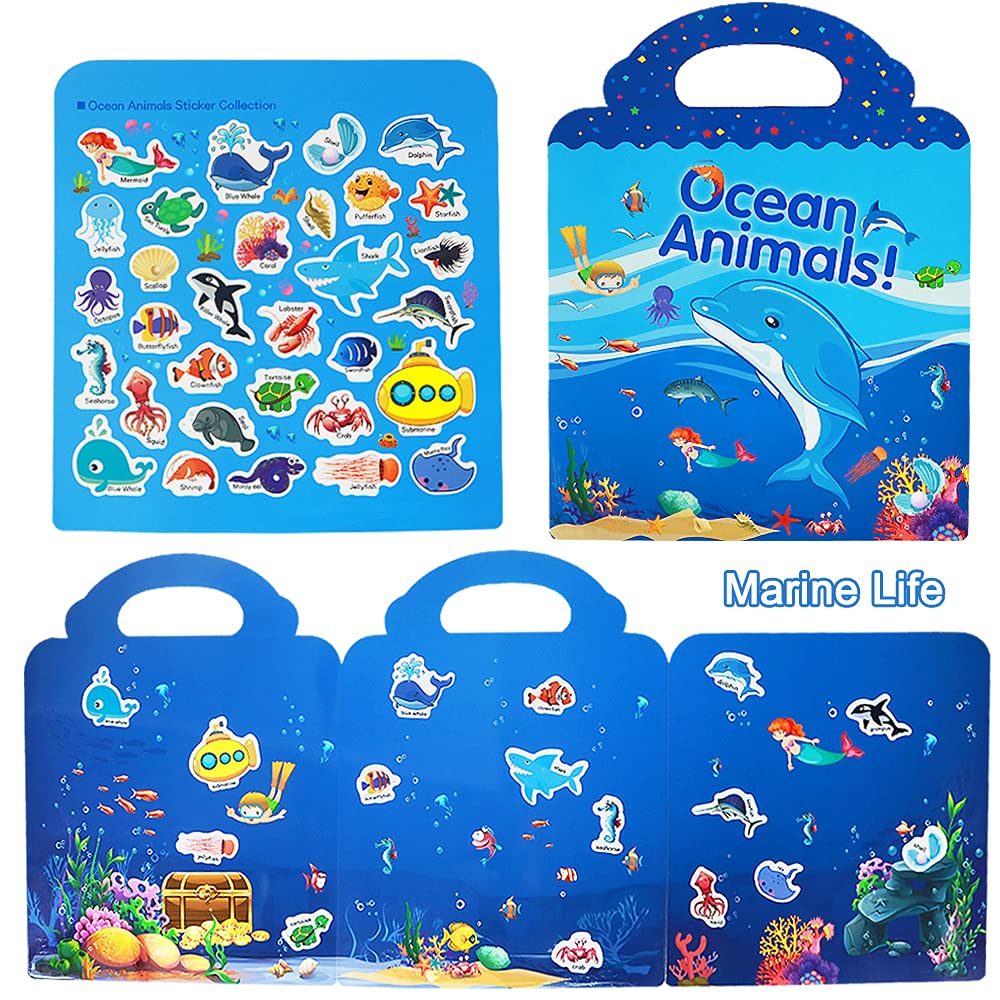 Yowlieu Reusable Sticker Books for Kids | 3 Travel Sets (Zoo, Ocean & Dinosaur) Ages 3-5