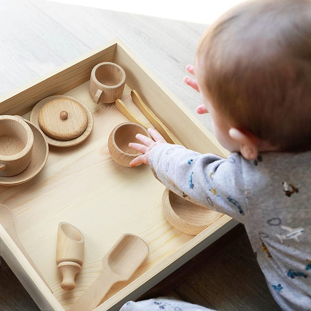 Yowlieu Montessori Sensory Bin Tools: 1 Wooden Box + 11 Wooden Toys