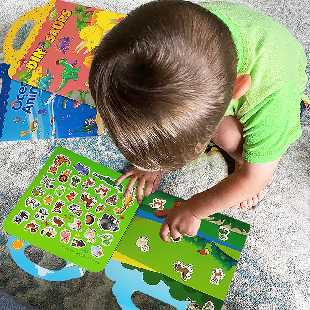 Yowlieu Reusable Sticker Books for Kids | 3 Travel Sets (Zoo, Ocean & Dinosaur) Ages 3-5