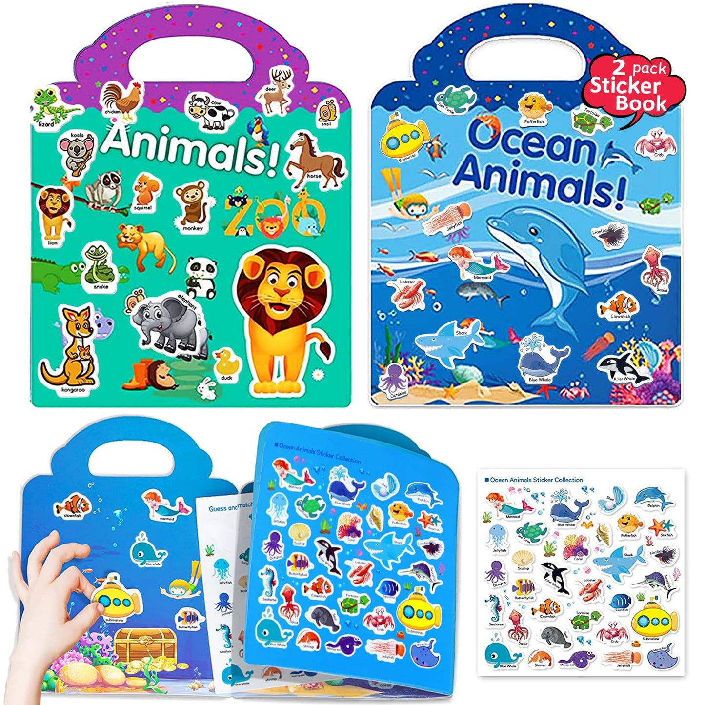 Yowlieu Reusable Sticker Books for Kids – Ocean & Zoo Animals (2-Pack Travel Set)