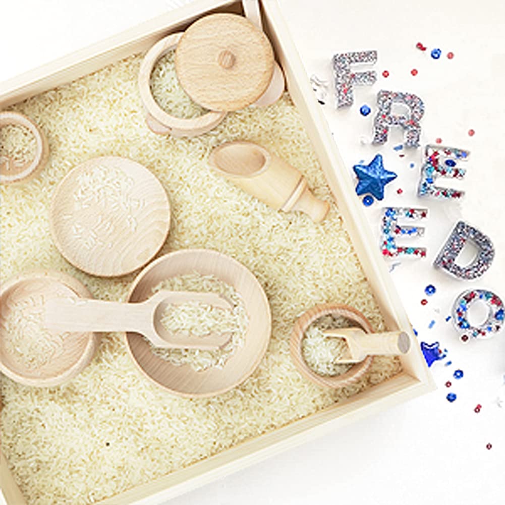 Yowlieu Montessori Sensory Bin Tools: 1 Wooden Box + 11 Wooden Toys