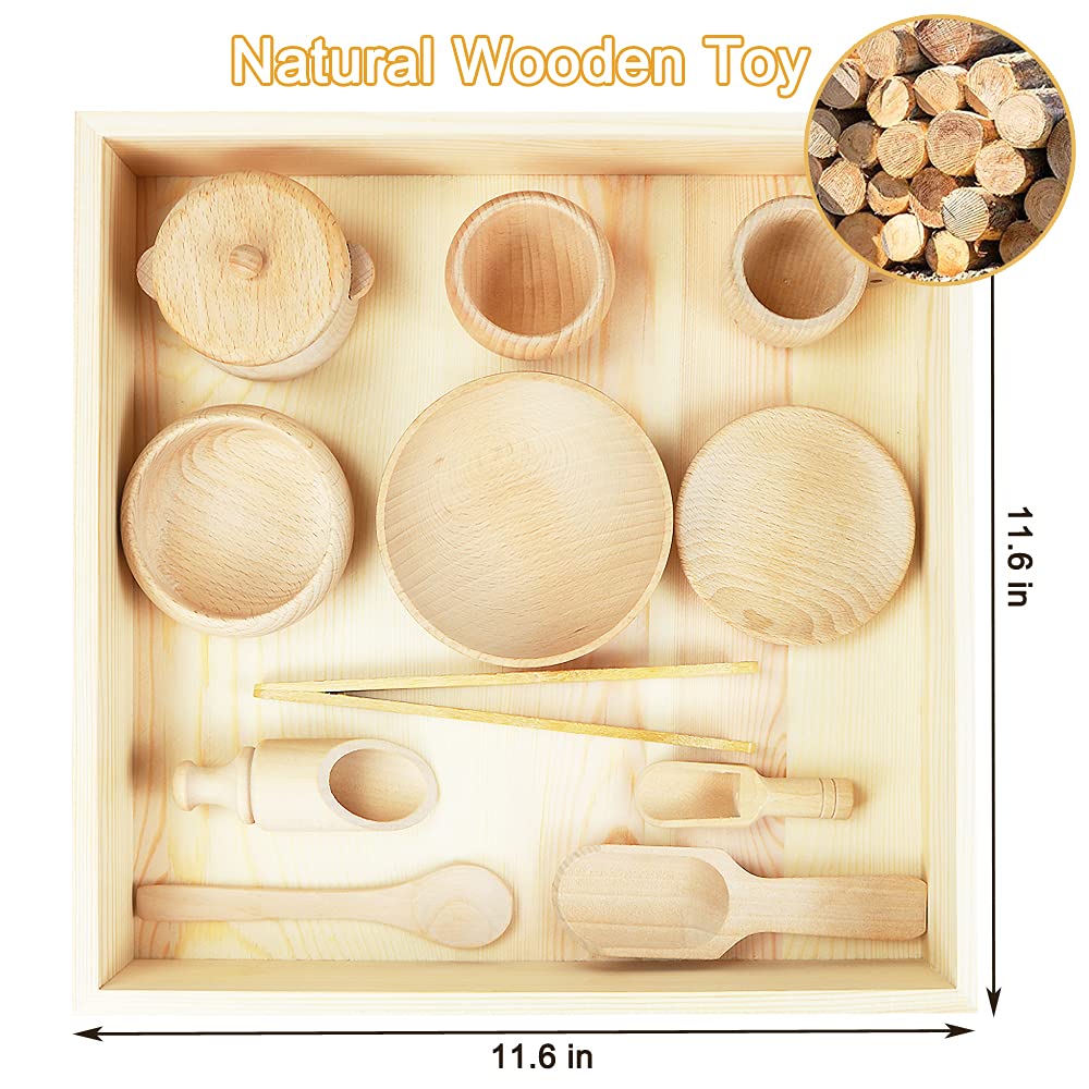 Yowlieu Montessori Sensory Bin Tools: 1 Wooden Box + 11 Wooden Toys