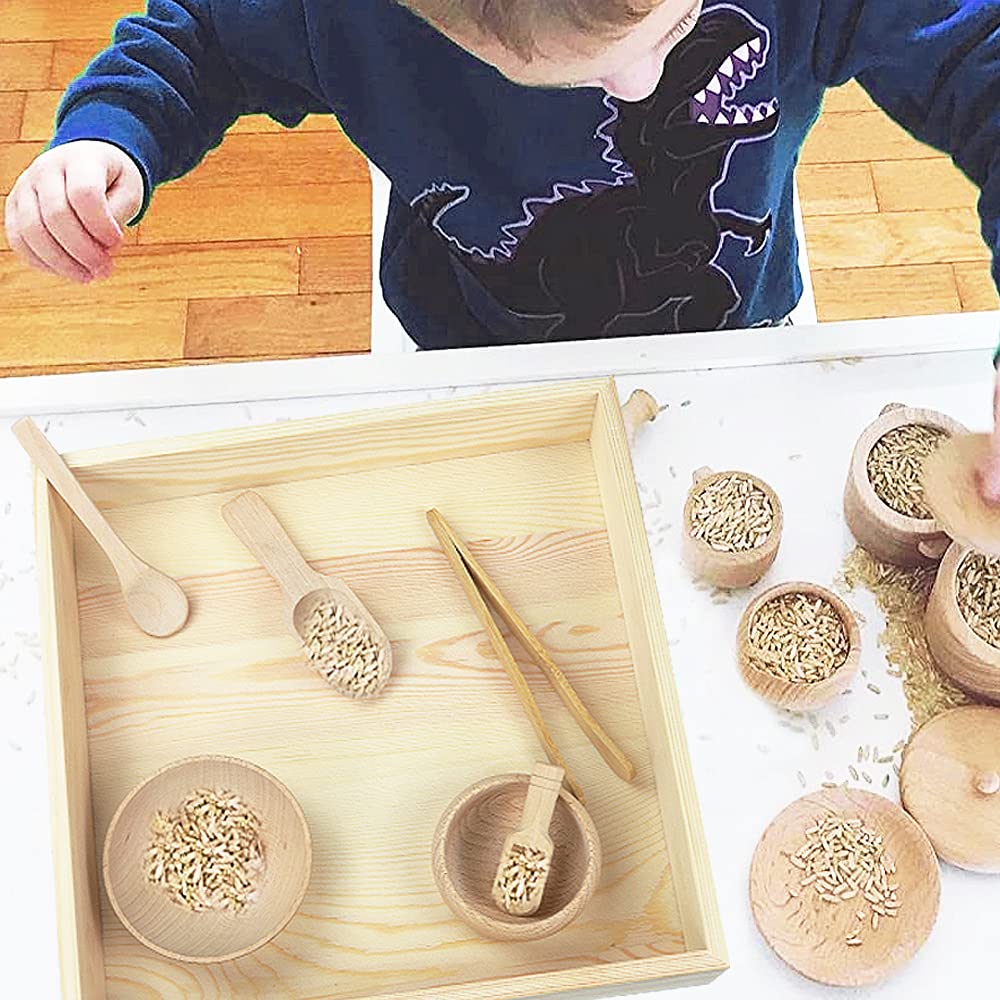Yowlieu Montessori Sensory Bin Tools: 1 Wooden Box + 11 Wooden Toys