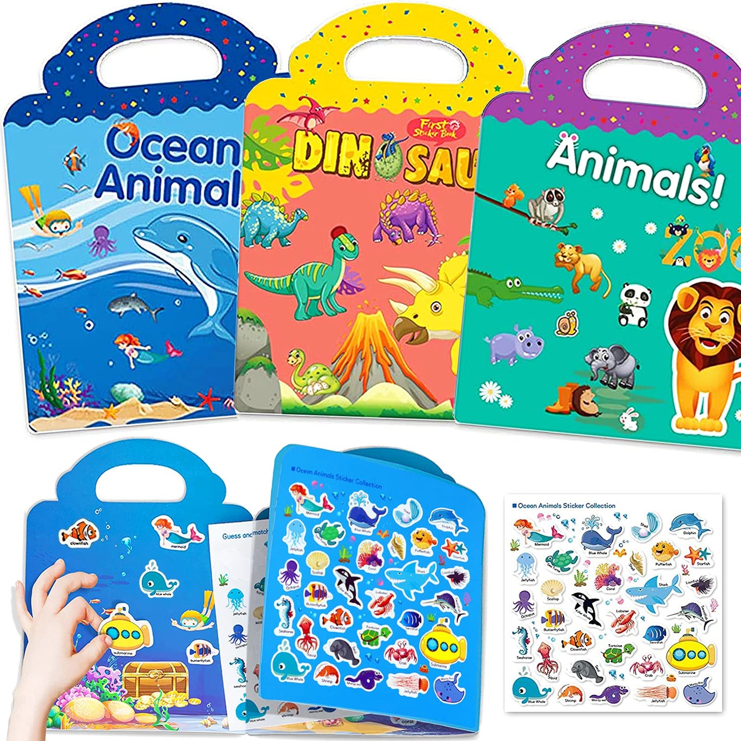 Yowlieu Reusable Sticker Books for Kids | 3 Travel Sets (Zoo, Ocean & Dinosaur) Ages 3-5