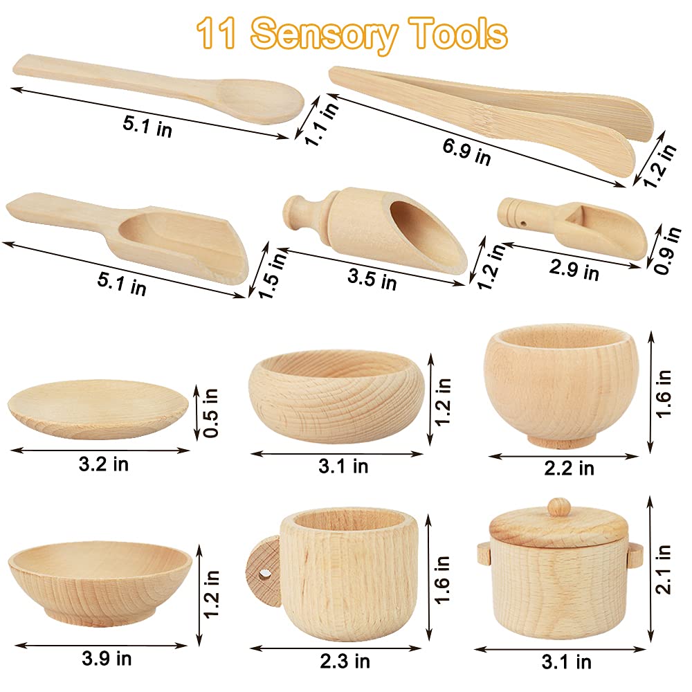 Yowlieu Montessori Sensory Bin Tools: 1 Wooden Box + 11 Wooden Toys