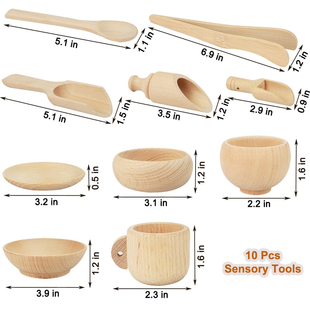 Yowlieu 10-Piece Wooden Sensory Bin Tools – Montessori Fine Motor Kit for Toddlers