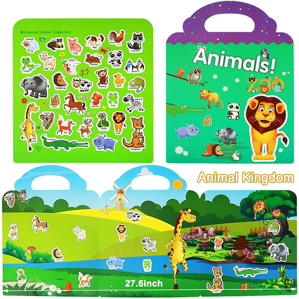 Yowlieu Reusable Sticker Books for Kids | 3 Travel Sets (Zoo, Ocean & Dinosaur) Ages 3-5