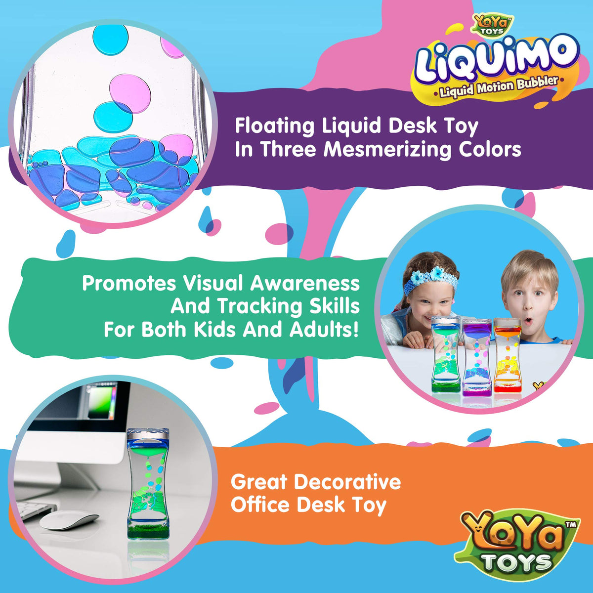 YoYa Toys Liquimo - Liquid Motion Bubbler (3 Pack) | Calming Fidget Desk Toy for Focus, Relaxation & Retro Nostalgia