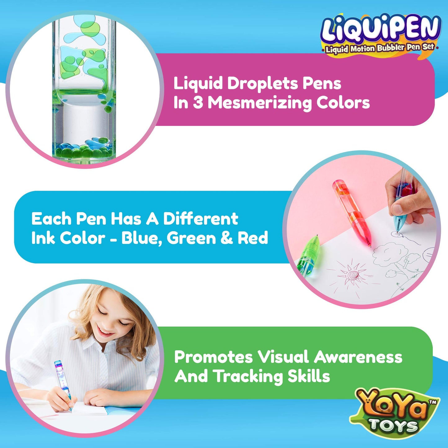YoYa Toys Liquipen 3-Pack: Liquid Motion Bubbler Pens for Focus
