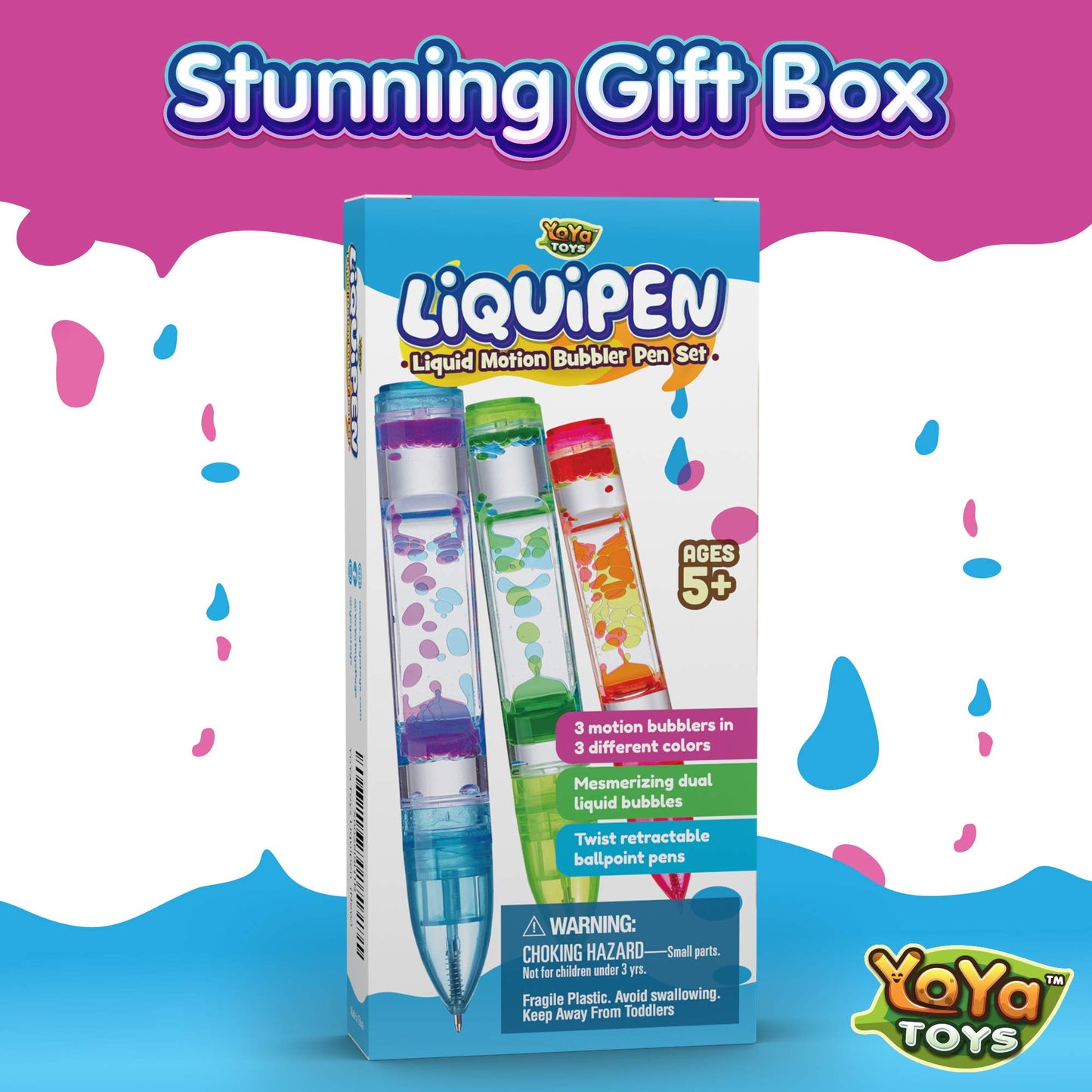 YoYa Toys Liquipen 3-Pack: Liquid Motion Bubbler Pens for Focus