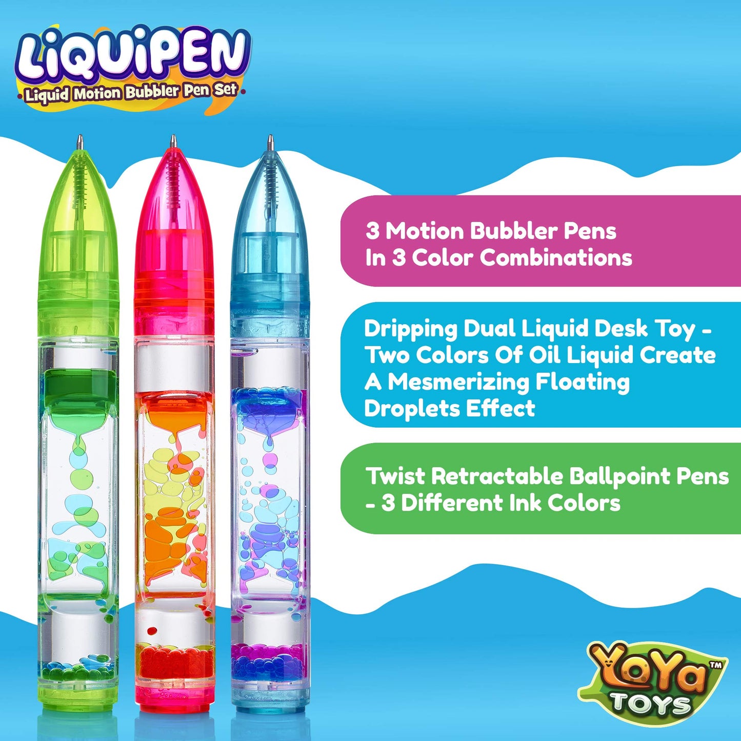 YoYa Toys Liquipen 3-Pack: Liquid Motion Bubbler Pens for Focus