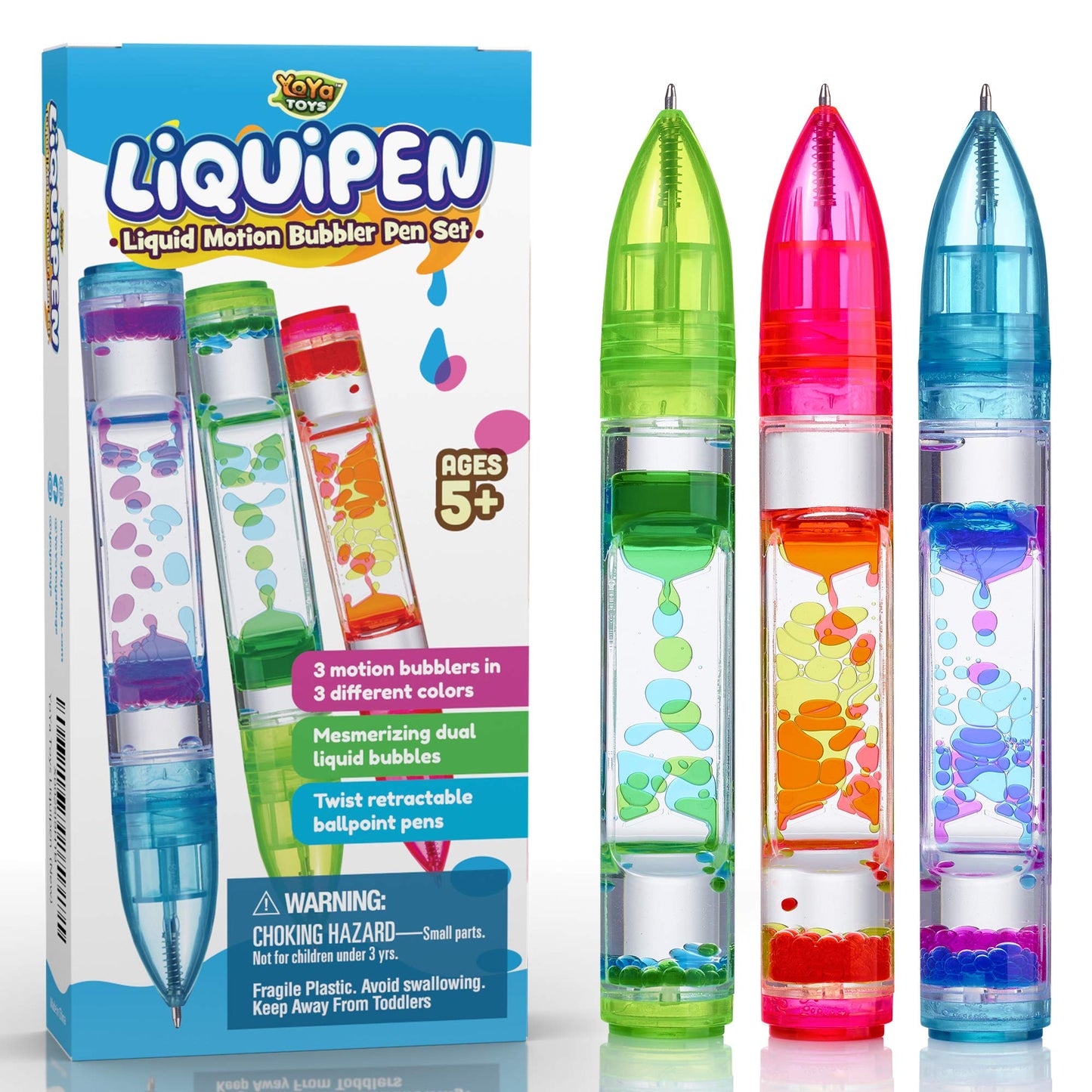 YoYa Toys Liquipen 3-Pack: Liquid Motion Bubbler Pens for Focus