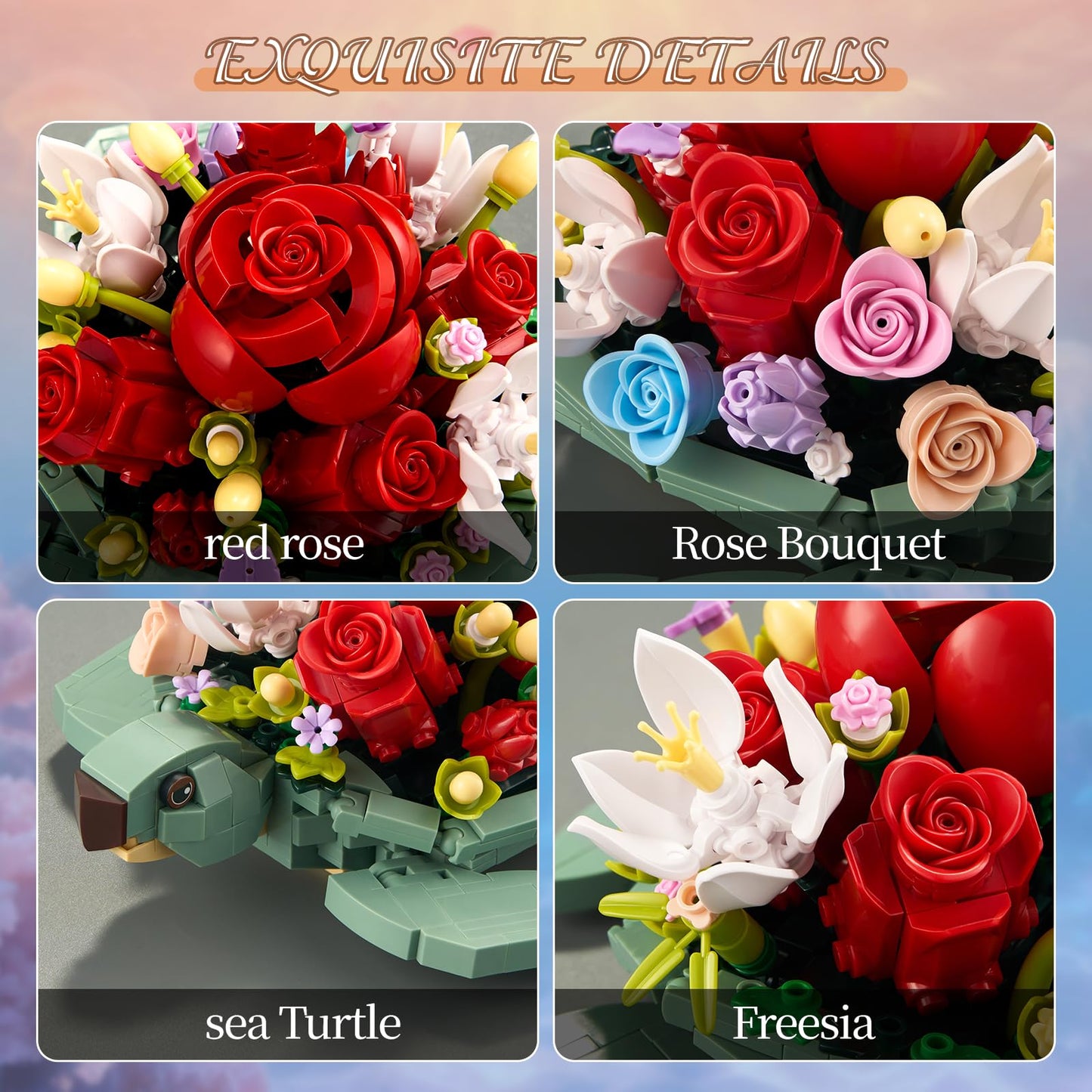 YOYBLOXY Sea Turtle Rose Bouquet Planter Building Set – 588 PCS | Creative Flower Pot Gifts for 6+