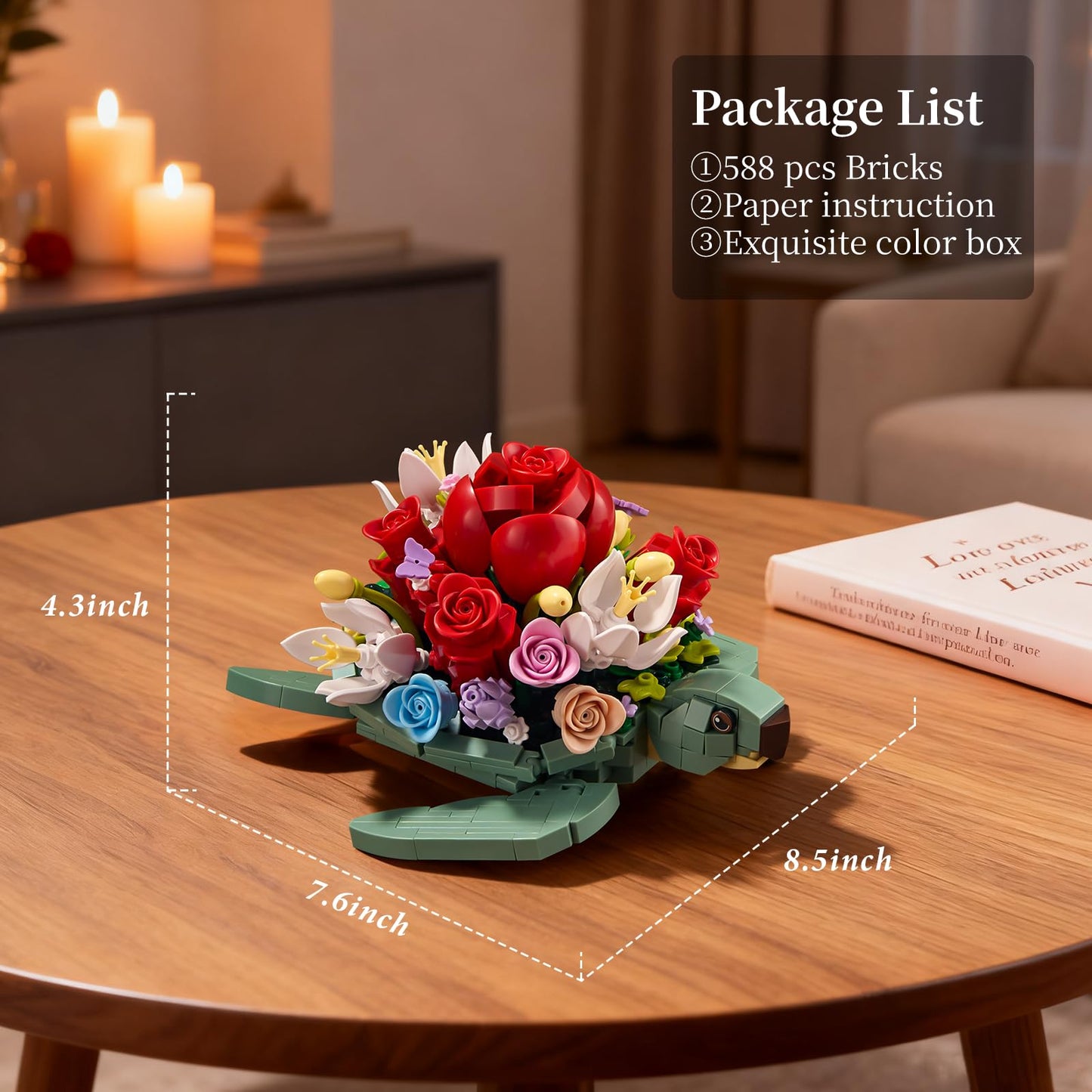 YOYBLOXY Sea Turtle Rose Bouquet Planter Building Set – 588 PCS | Creative Flower Pot Gifts for 6+