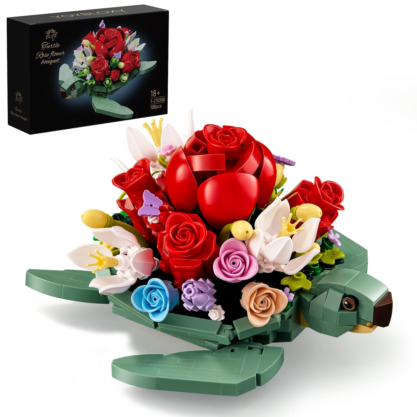 YOYBLOXY Sea Turtle Rose Bouquet Planter Building Set – 588 PCS | Creative Flower Pot Gifts for 6+