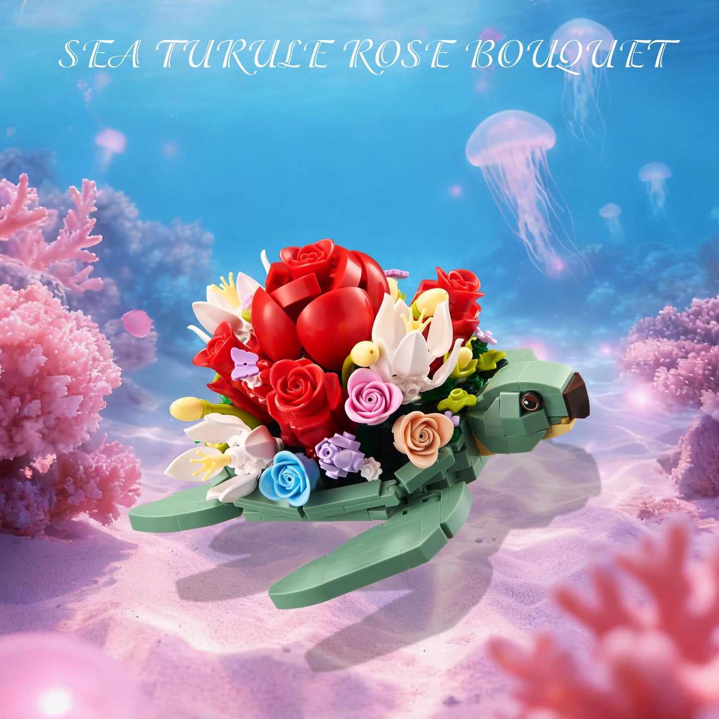 YOYBLOXY Sea Turtle Rose Bouquet Planter Building Set – 588 PCS | Creative Flower Pot Gifts for 6+