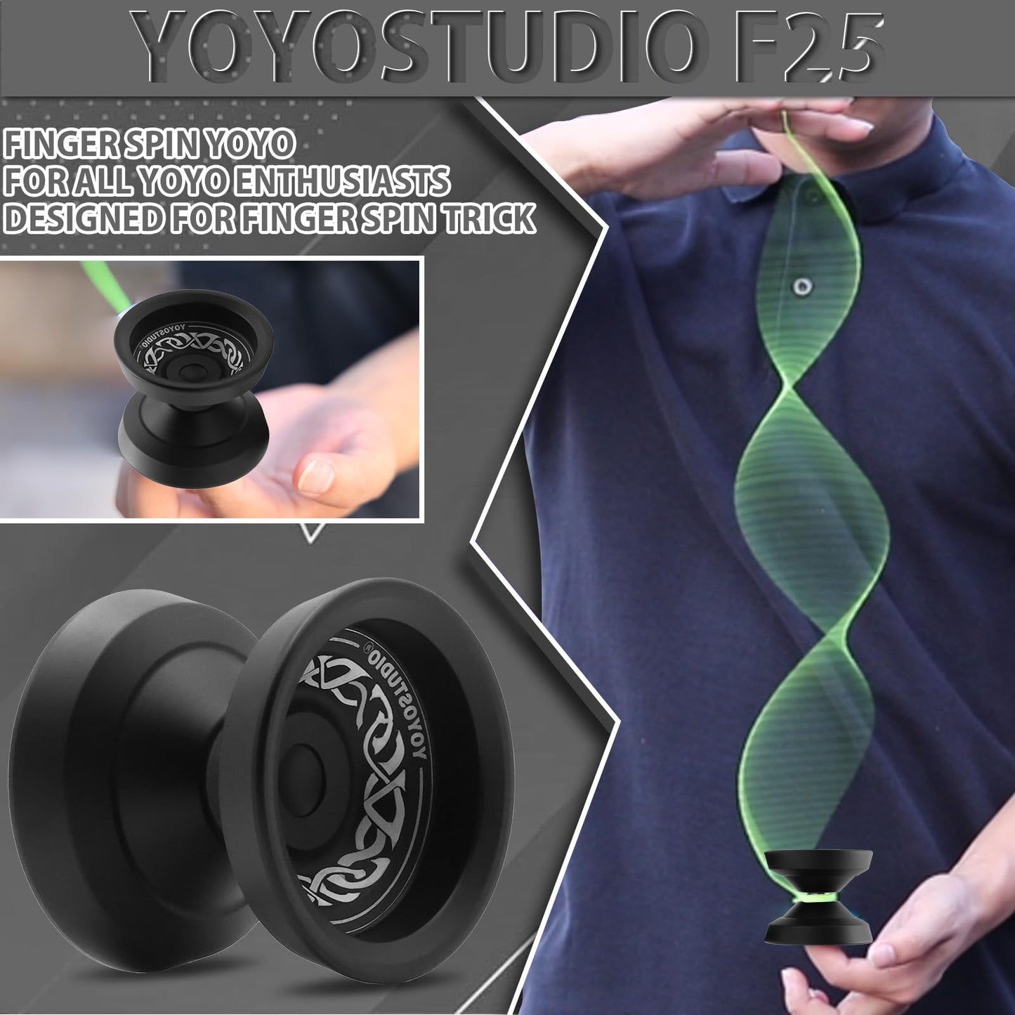 YOYOSTUDIO F25 Finger Spin Yoyo – Dual-Mode Pro Yoyo with Bearing Kit, Strings, Case & Glove