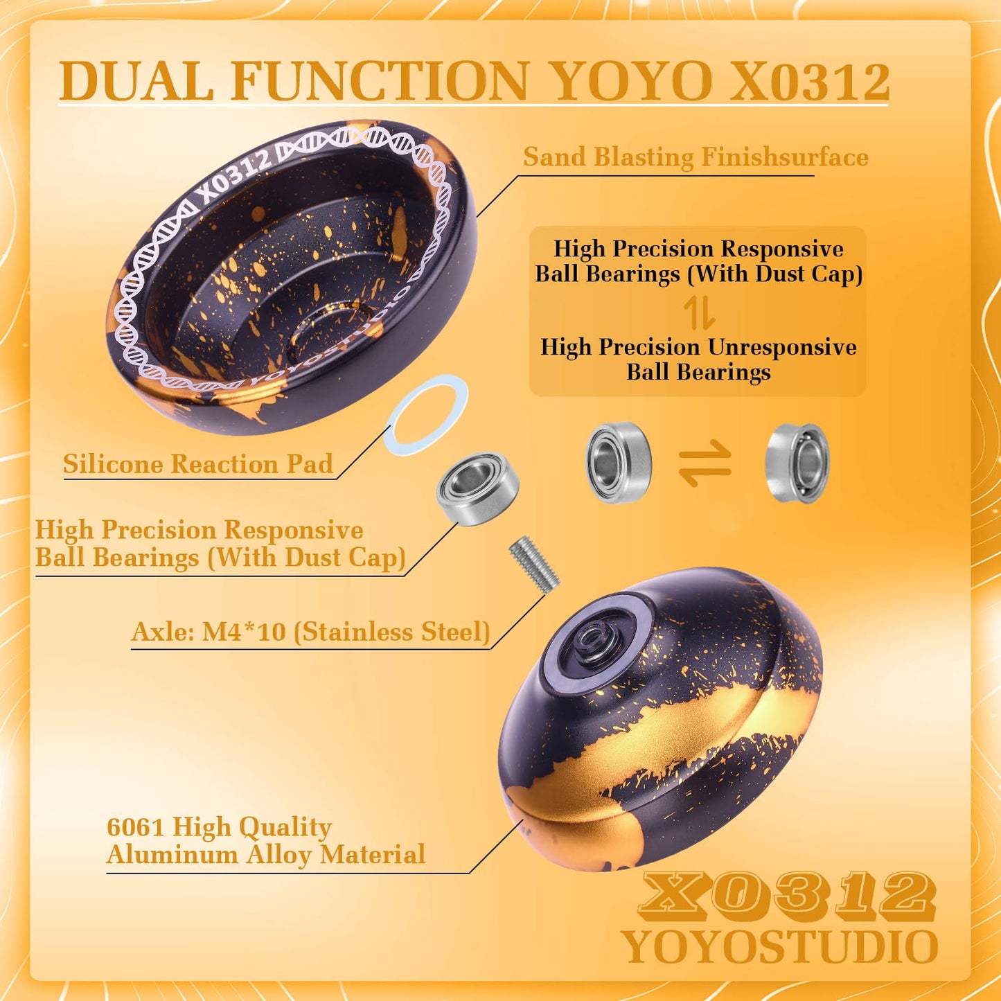 YOYOSTUDIO X0312 Dual-Function Yo-Yo | Professional, Responsive to Unresponsive Modes, Fingerspin Ready (Black & Gold)