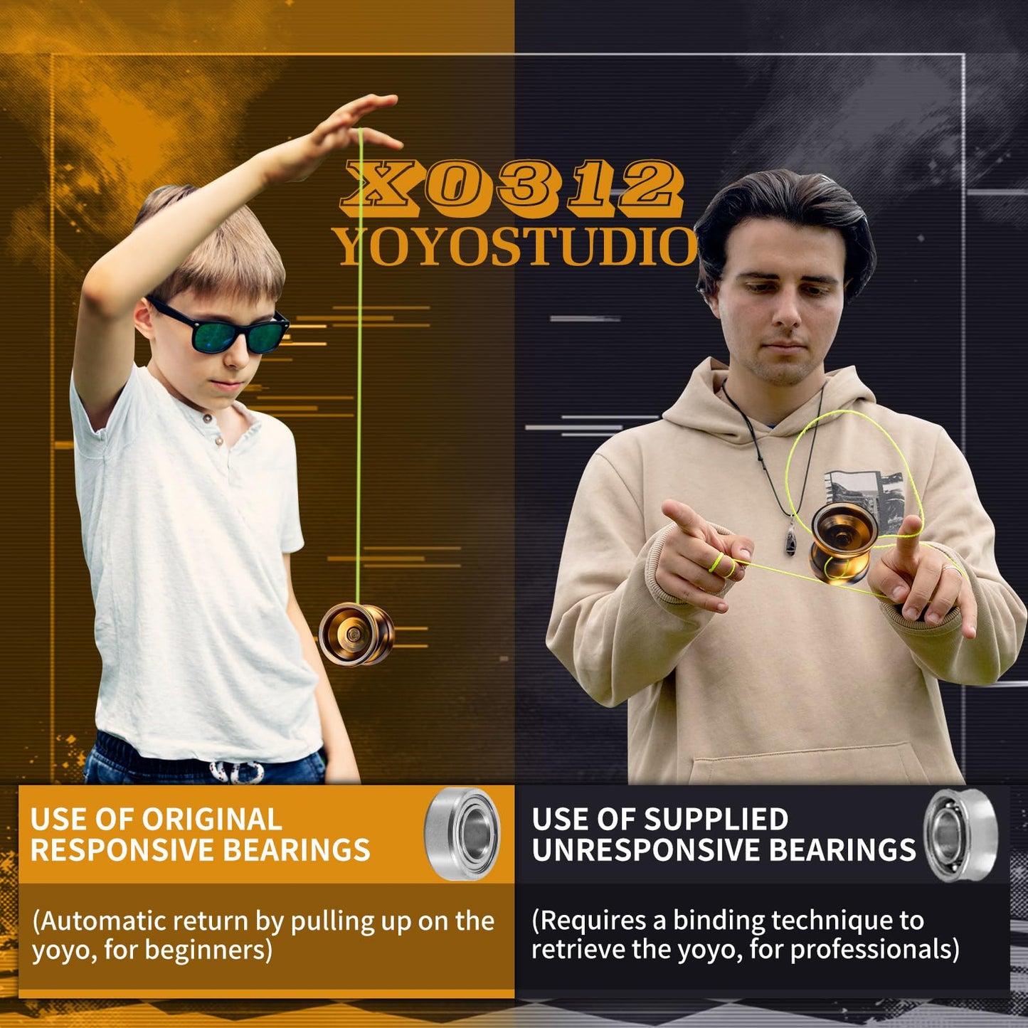 YOYOSTUDIO X0312 Dual-Function Yo-Yo | Professional, Responsive to Unresponsive Modes, Fingerspin Ready (Black & Gold)