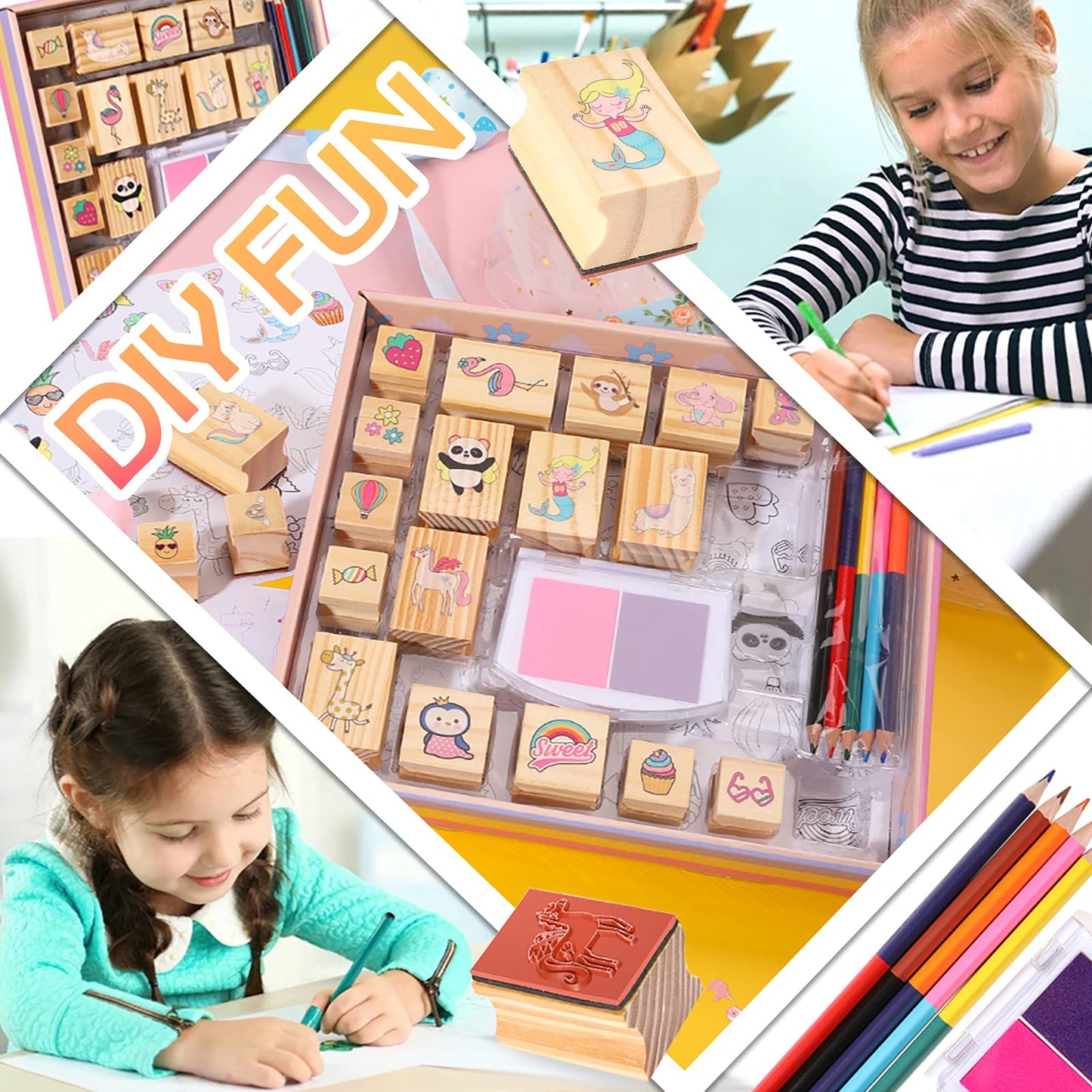 YOYTOO Unicorn Wooden Stamp & Sticker Set – Creative Kids Craft Kit (Ages 4-10)