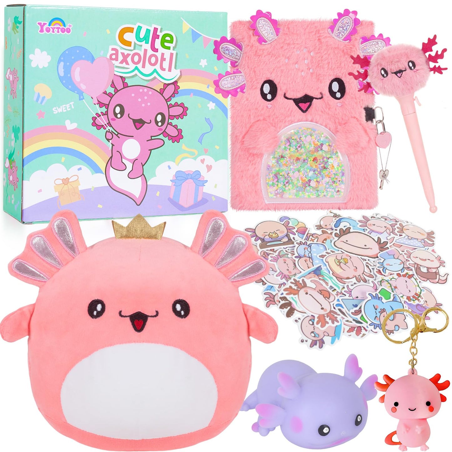 YOYTOO Axolotl Gifts for Girls – Diary, Plush Toy, Keychain & Stickers Set