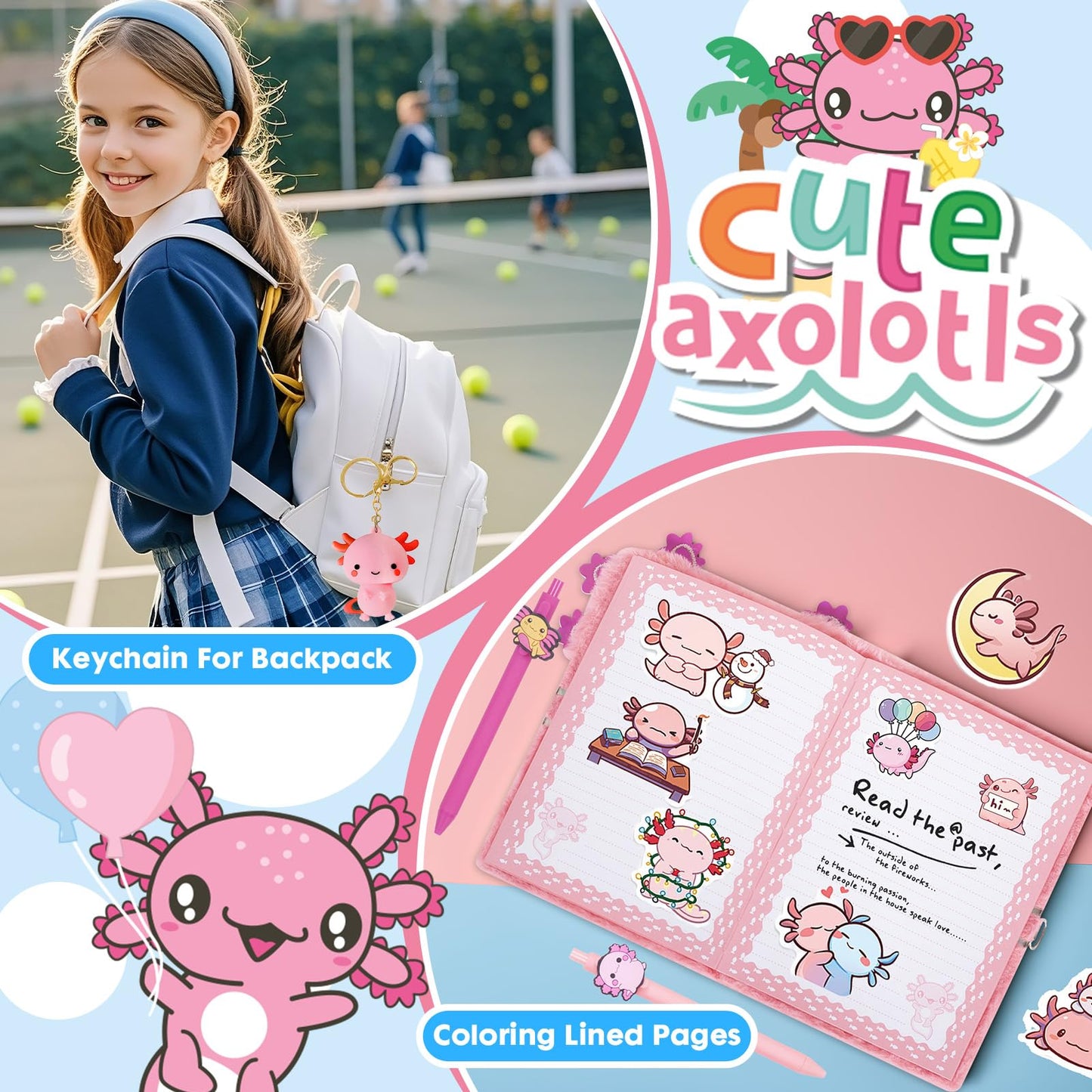 YOYTOO Axolotl Gifts for Girls – Diary, Plush Toy, Keychain & Stickers Set