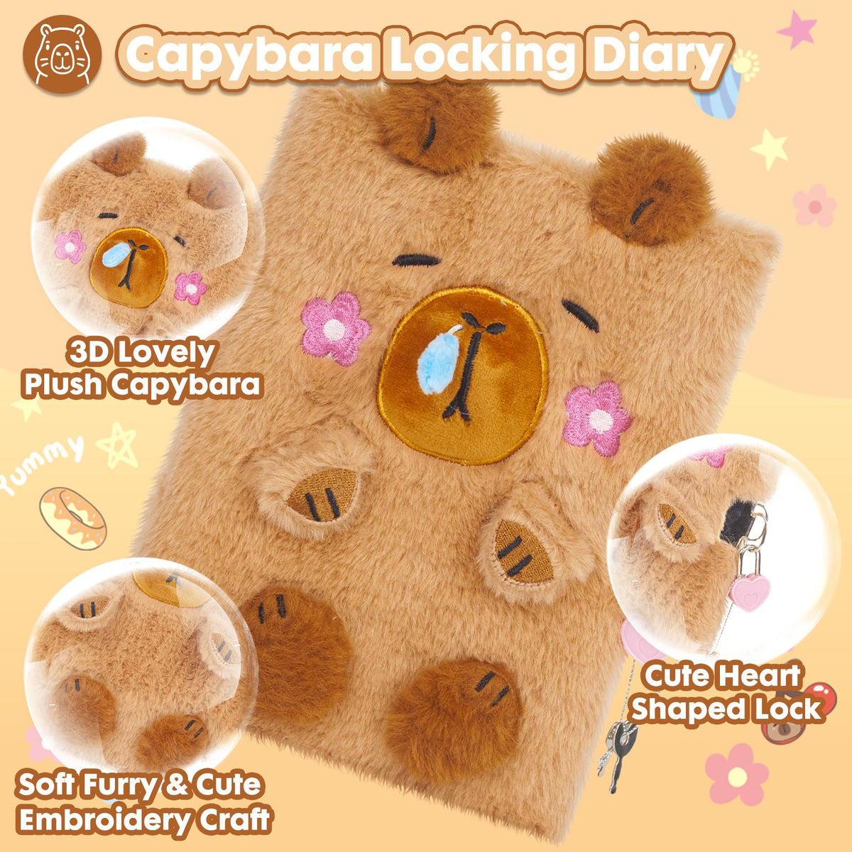 YOYTOO Capybara Diary with Lock – Plush Journal for Girls Aged 5-12