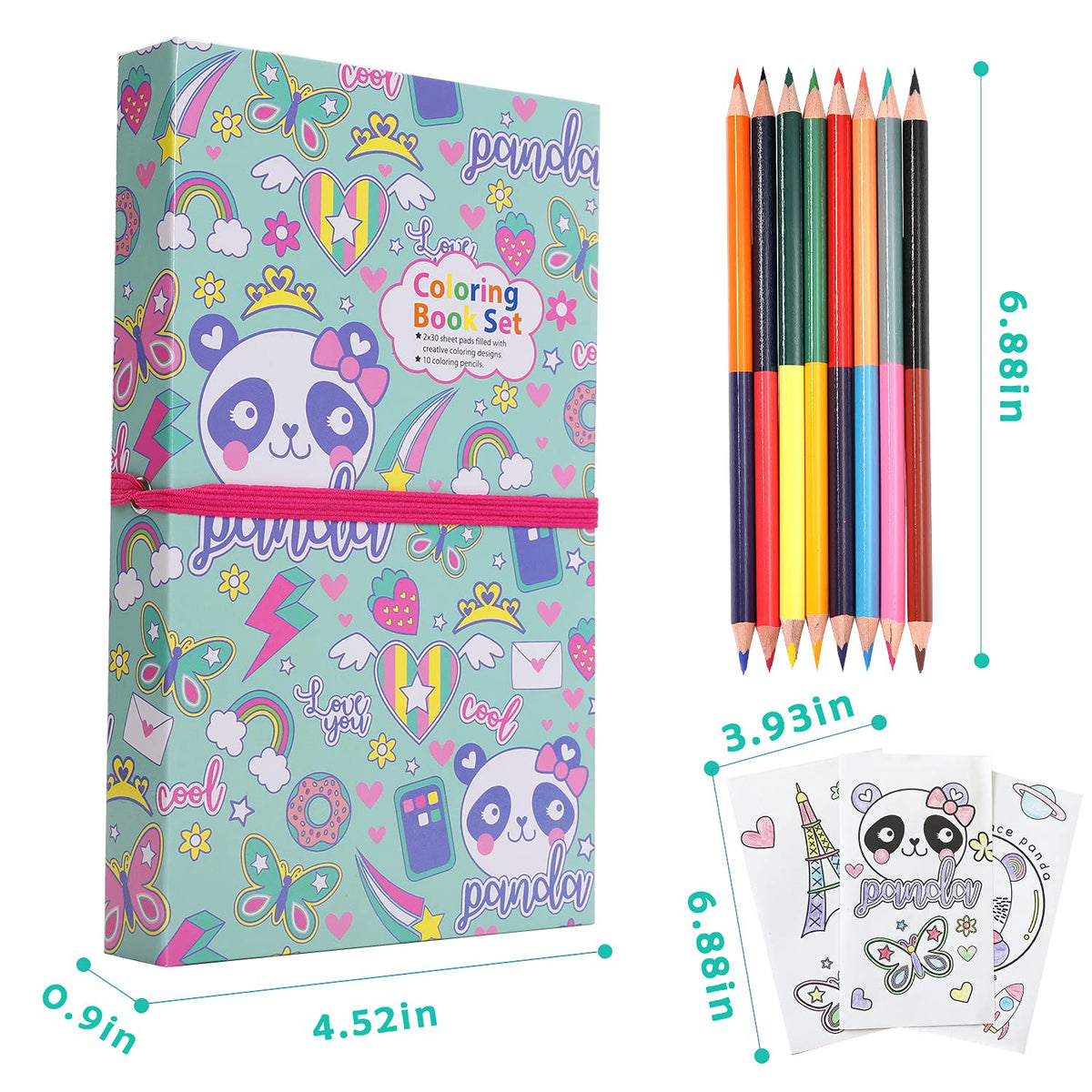 YOYTOO Panda Coloring Book Set – 60 Pages & 8 Two-Color Pencils, Travel Coloring Kit for Kids Aged 4-8