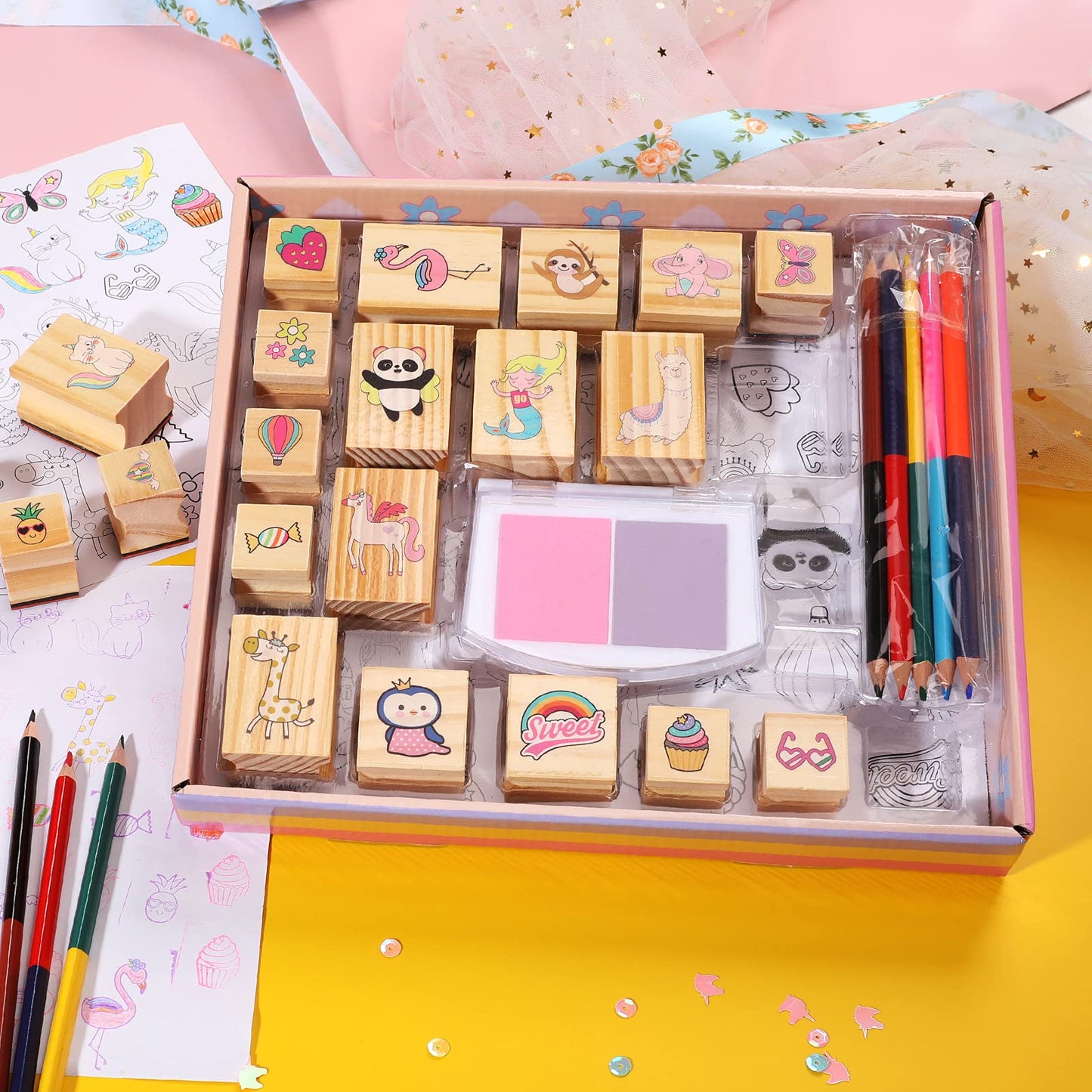 YOYTOO Unicorn Wooden Stamp & Sticker Set – Creative Kids Craft Kit (Ages 4-10)