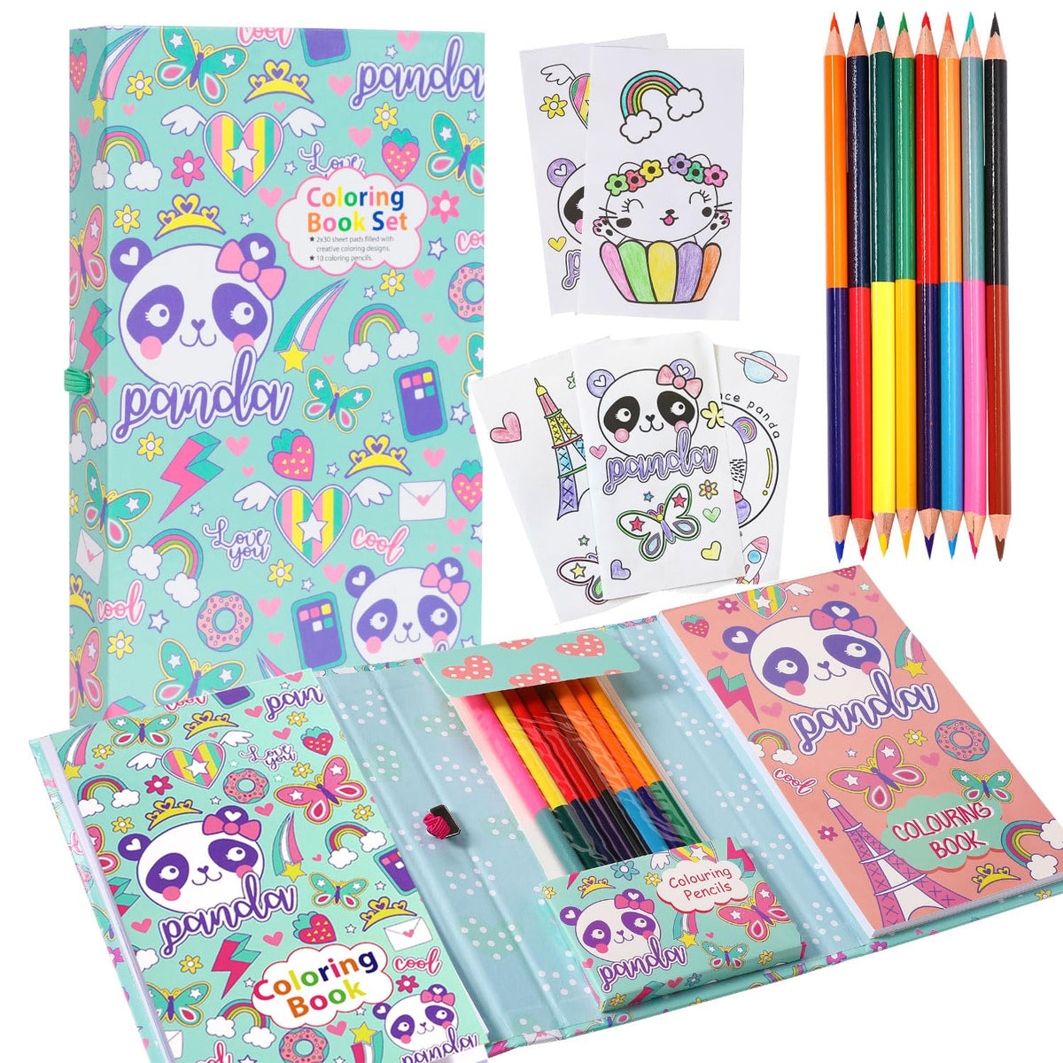 YOYTOO Panda Coloring Book Set – 60 Pages & 8 Two-Color Pencils, Travel Coloring Kit for Kids Aged 4-8