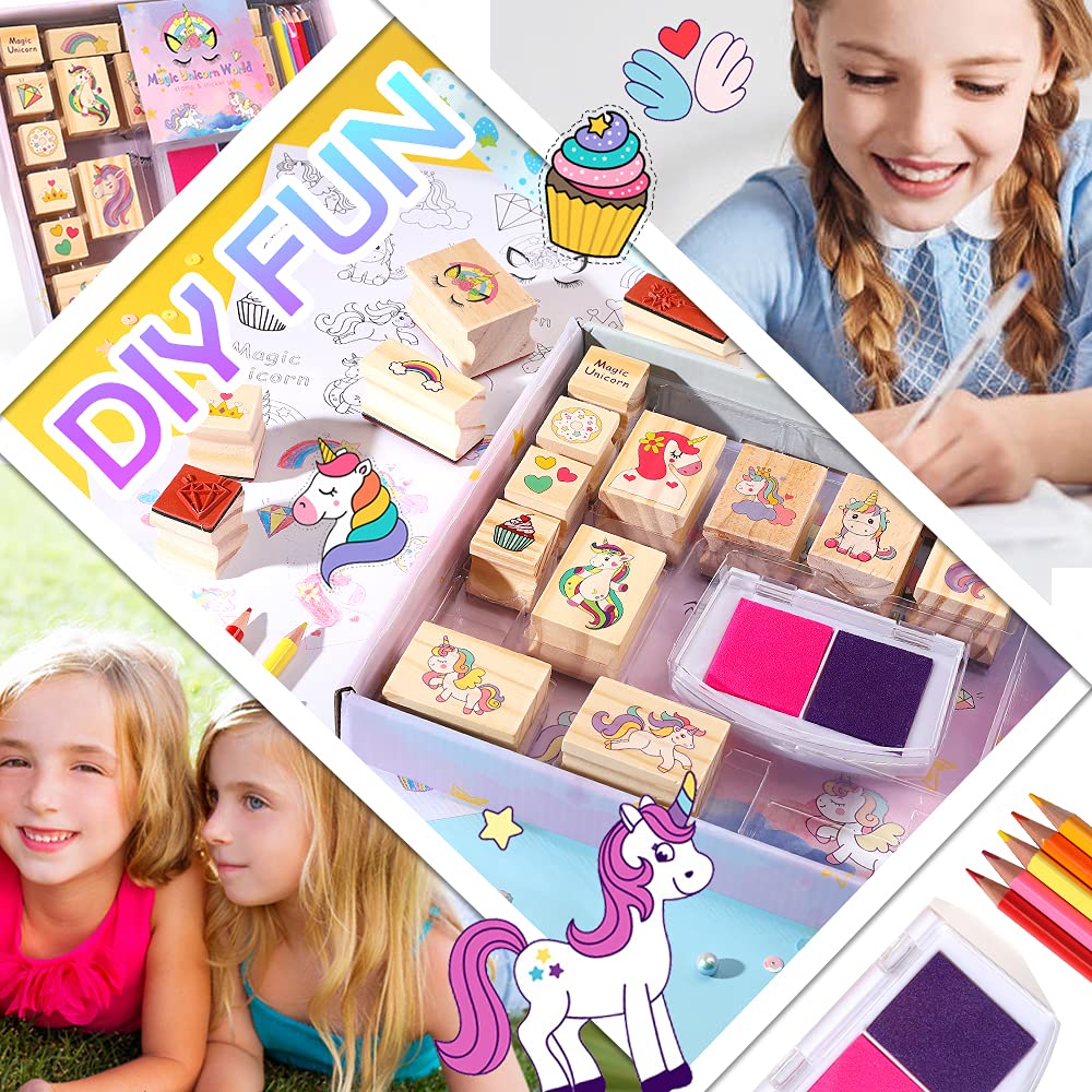 YOYTOO Unicorn Stamp & Sticker Craft Set for Kids – 17 Stamps, Ink Pads, Pencils & 31 Stickers