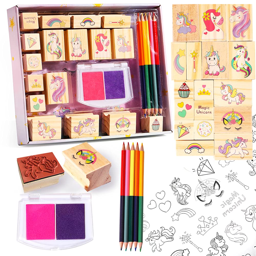 YOYTOO Unicorn Stamp & Sticker Craft Set for Kids – 17 Stamps, Ink Pads, Pencils & 31 Stickers