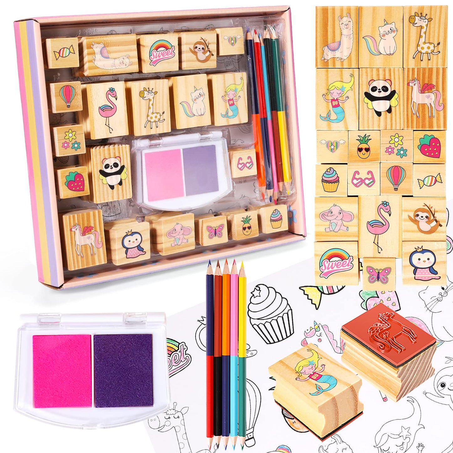 YOYTOO Unicorn Wooden Stamp & Sticker Set – Creative Kids Craft Kit (Ages 4-10)