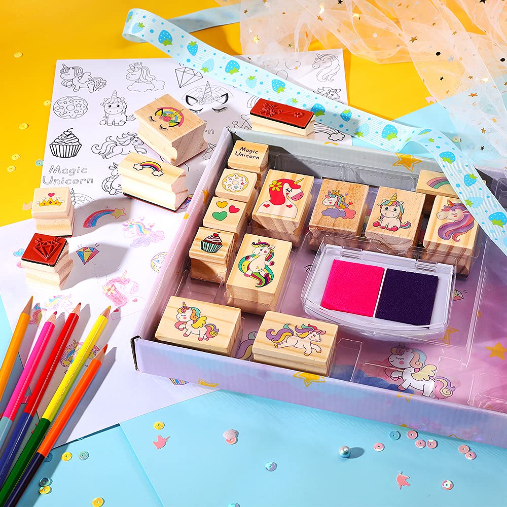 YOYTOO Unicorn Stamp & Sticker Craft Set for Kids – 17 Stamps, Ink Pads, Pencils & 31 Stickers