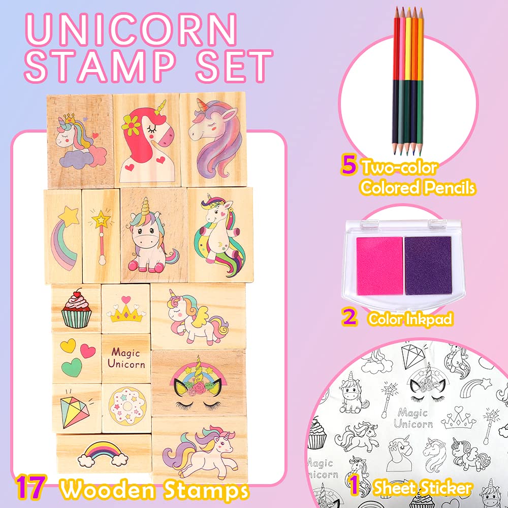YOYTOO Unicorn Stamp & Sticker Craft Set for Kids – 17 Stamps, Ink Pads, Pencils & 31 Stickers