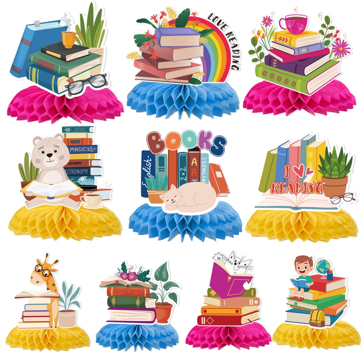 Yoyuspy Reading Birthday Party Decorations - 10-Pack Book Themed Honeycomb Centerpieces