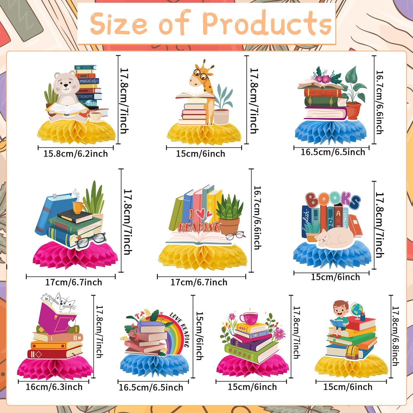 Yoyuspy Reading Birthday Party Decorations - 10-Pack Book Themed Honeycomb Centerpieces