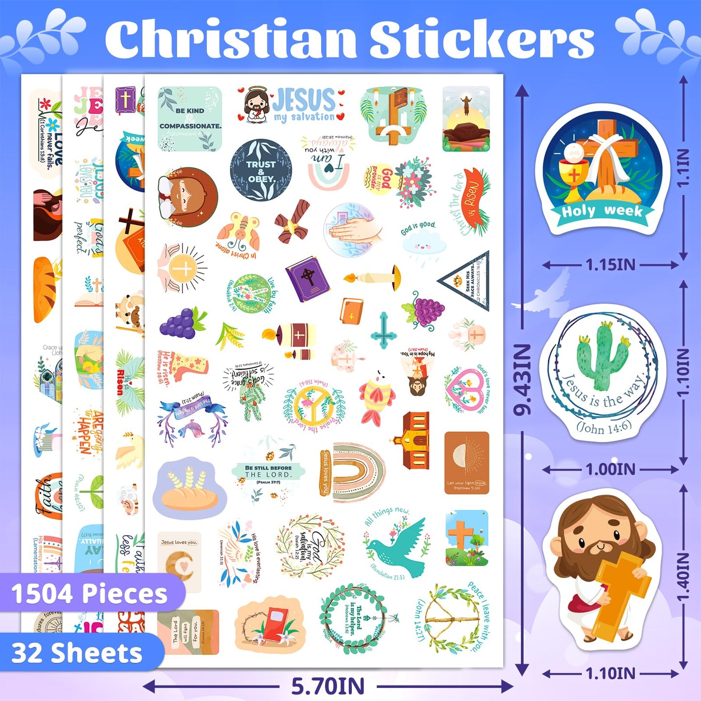 Yqskt 1504 PCS Christian Stickers Pack – 32 Sheets Bible Decals